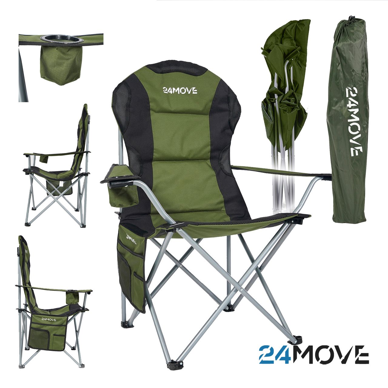 TroniTechnik 24MOVE® Campingstuhl Salvador faltbar Klappstuhl gepolstert mit Tragetasche,150kg belastbar,grün