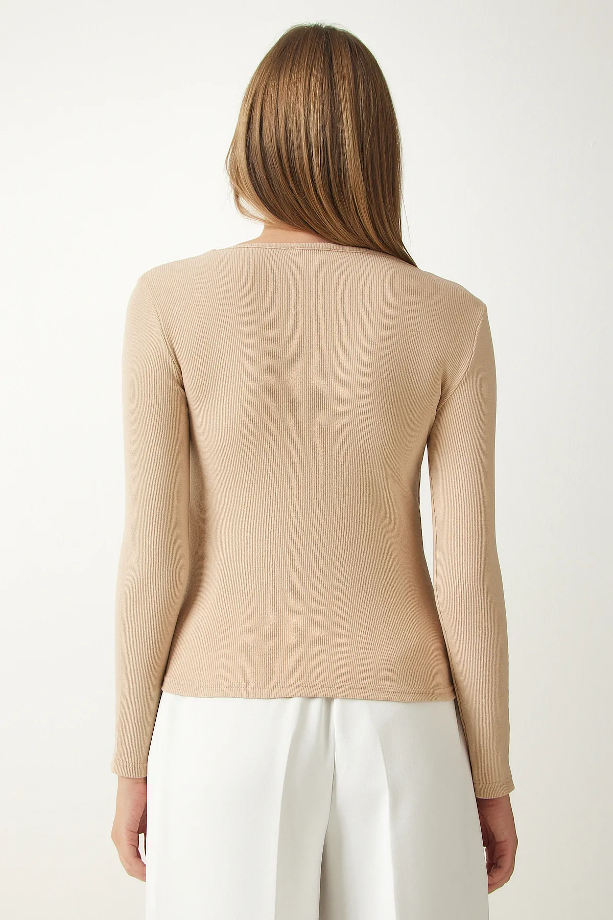 Happiness İstanbul  Cremefarbene, dunkelbraune, zweiteilige gerippte Rollkragenpullover-Strickbluse für Damen GT00053