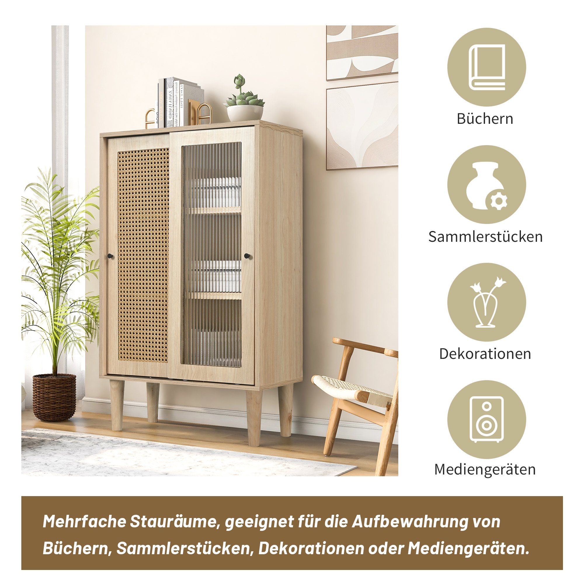 Merax Highboard, mit Glastür und Rattangeflecht, Vitrine Landhaus, Kommode, Sideboard