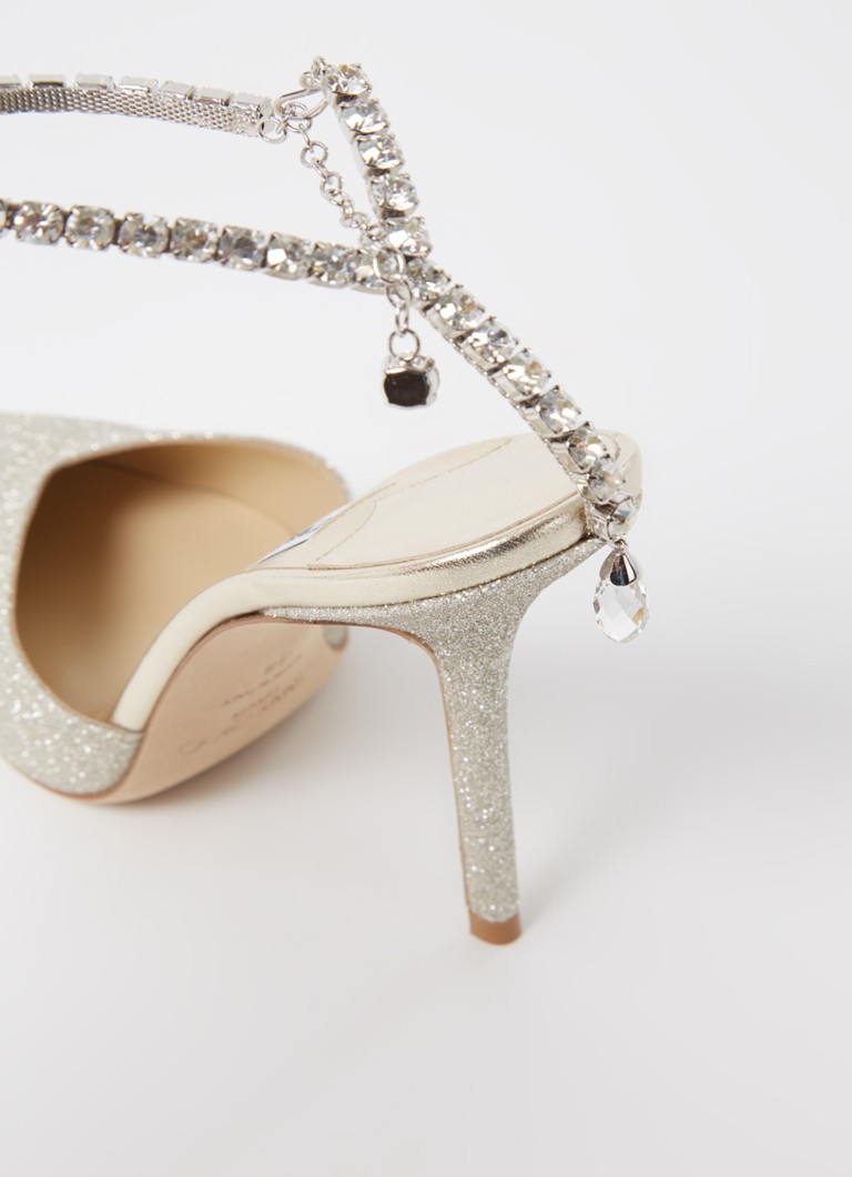 Pantofi cu toc înalt Jimmy Choo Saeda, împodobiți cu paiete și cristale.