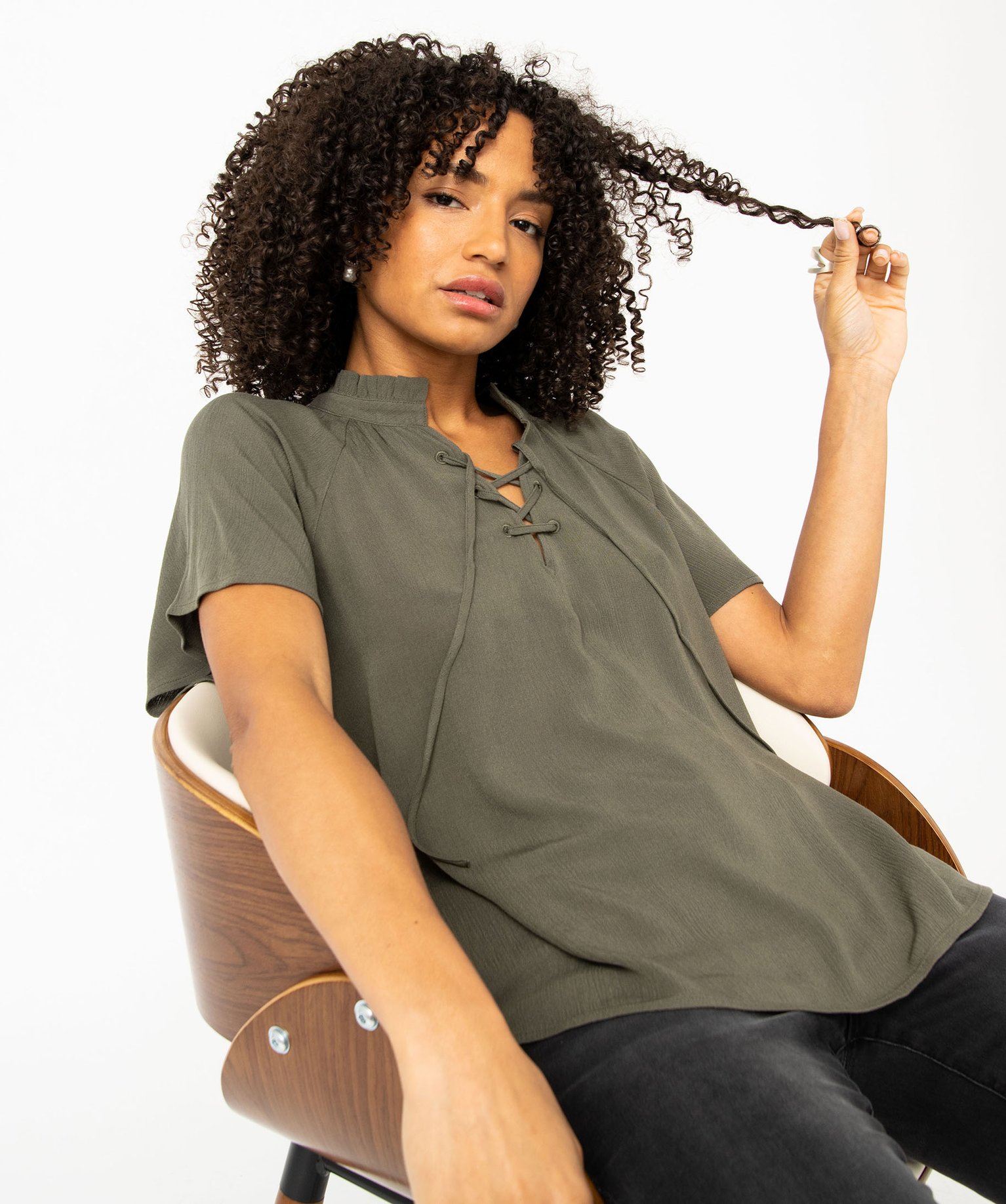 Blouse à manches courtes en crêpe de viscose uni femme vert | GEMO