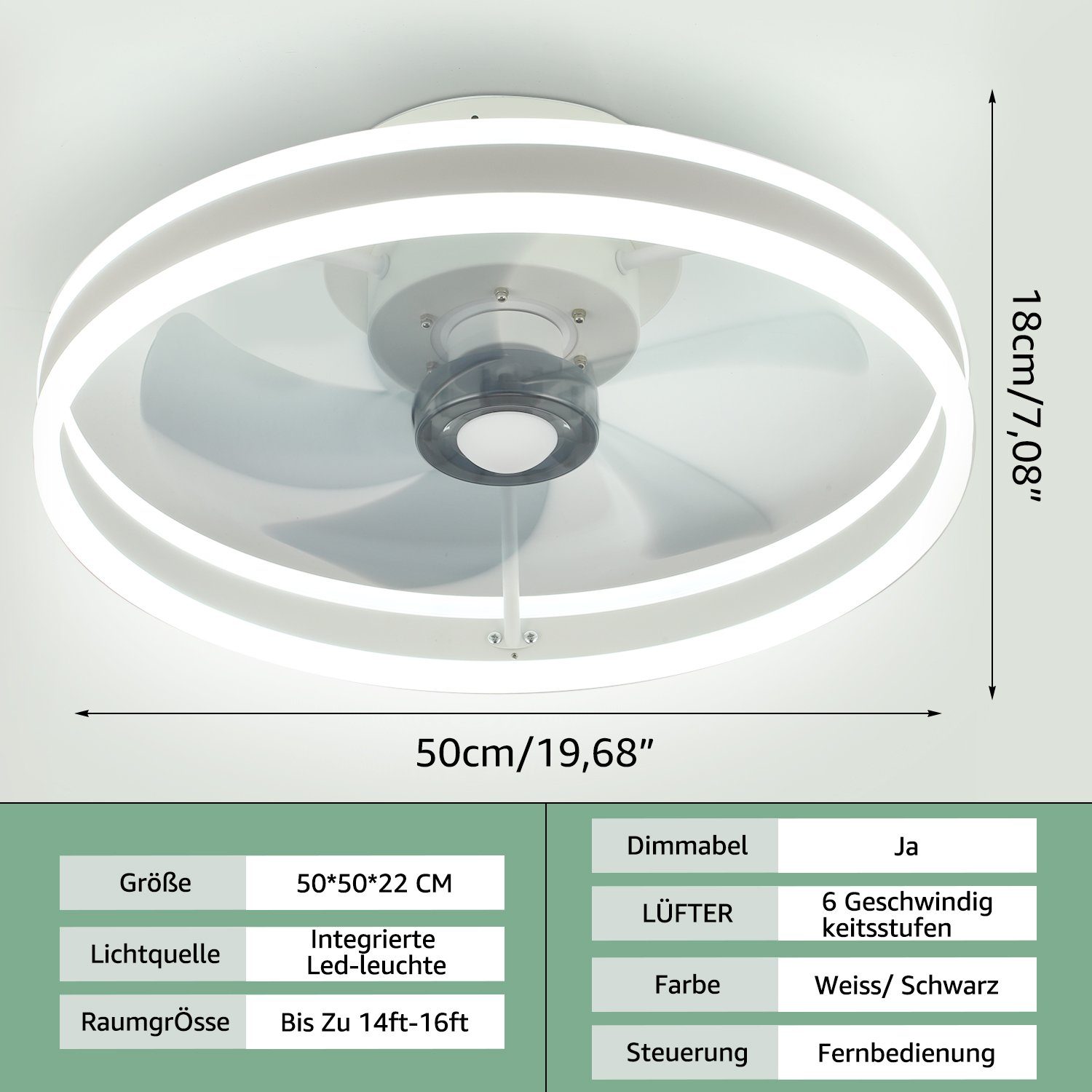 LETGOSPT Deckenventilator 36W LED Deckenlampe mit Fan, 6 Geschwindigkeiten, Deckenventilatoren Schlafzimmer Wohnzimmer Licht