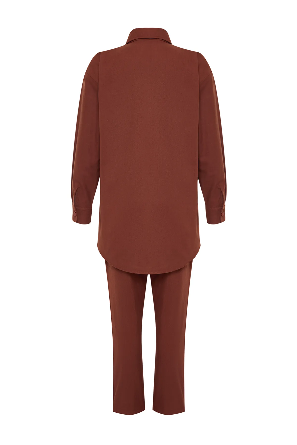 Trendyol Modest  Dunkelbrauner, gewebter Anzug aus Hemd und Hose mit Taschen und Druckknöpfen TCTAW22US0013