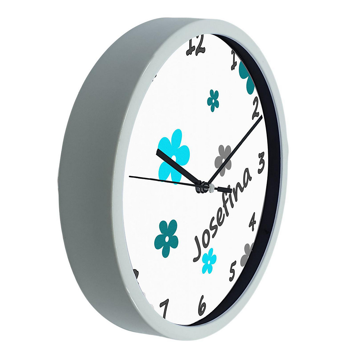 Kinder Wanduhr laufruhig personalisiert mit Name Blumen Türkis