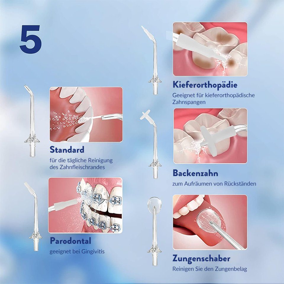 MDHAND Munddusche Cordless Power Flosser, 5 Modi für die Reinigung, 4 Intensitätsstufen, Tragbar für zu Hause, im Büro und auf Reisen
