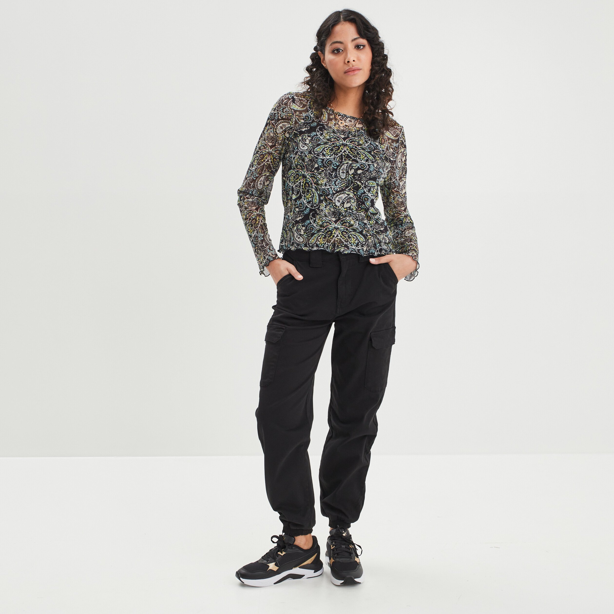 T-shirt manches longues mesh noir femme | La Halle