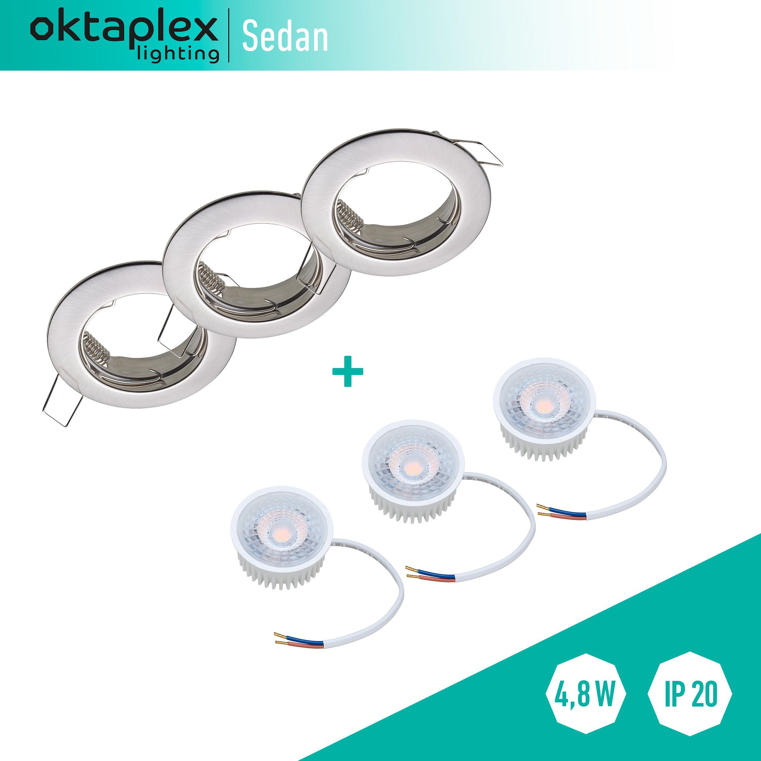 Oktaplex lighting LED Einbaustrahler 3er Set LED Strahler flach inkl. 3er Set LED Module 4,8W 380 Lumen, 3-Step Dimmung, Leuchtmittel wechselbar, warmweiß, 2700 Kelvin 230V silber