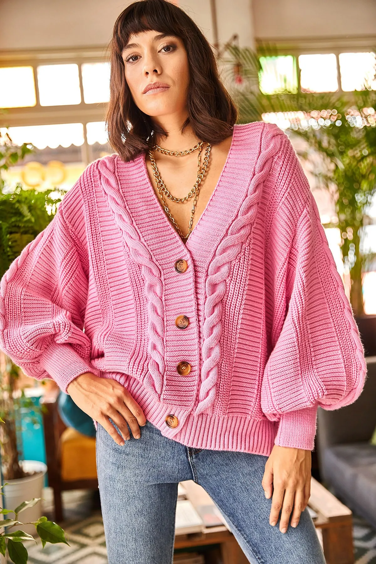 Olalook  Rosa Strickjacke aus geflochtenem Strick für dickes Haar für Damen HRK-19000082