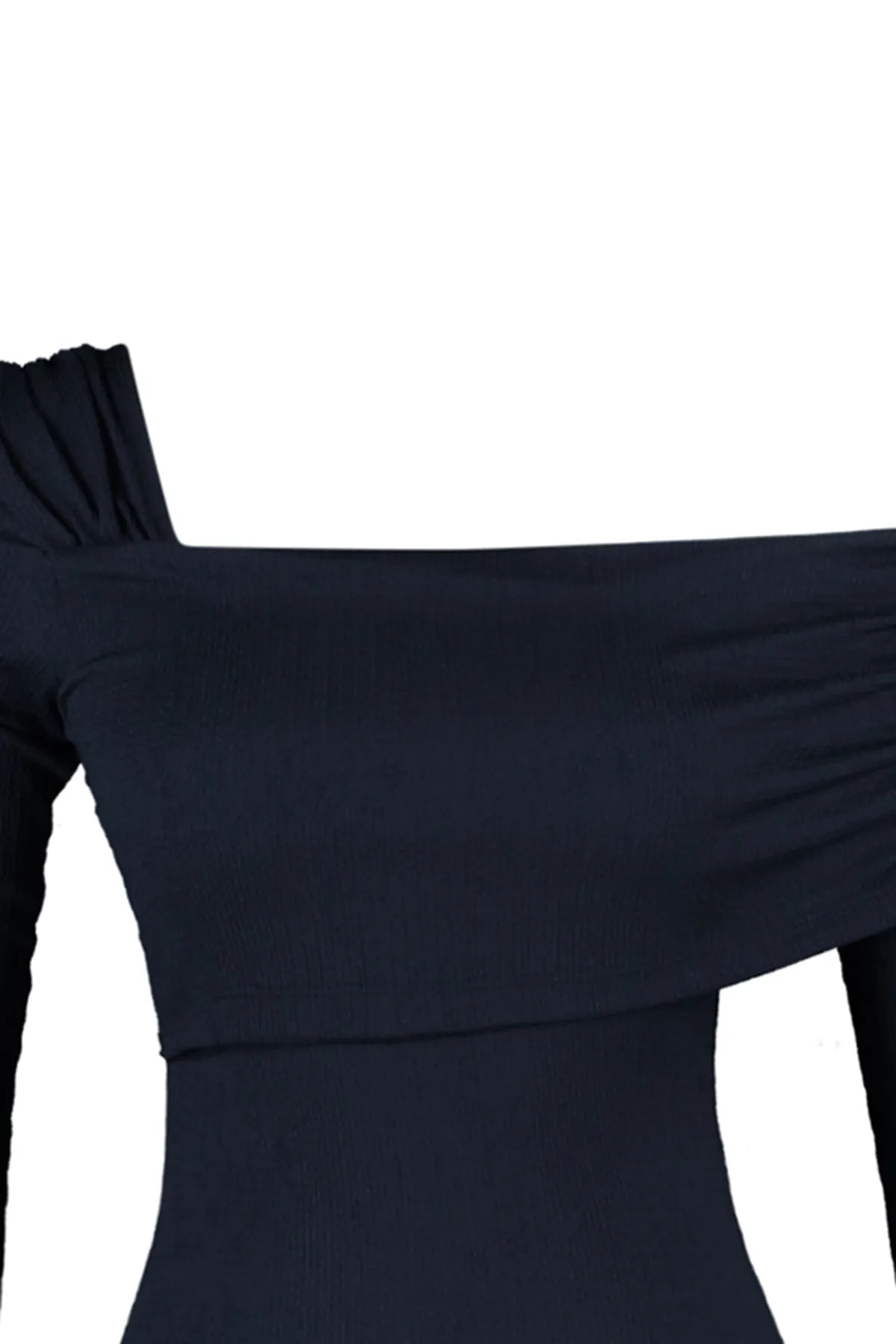 Trendyol Collection  Schwarzer asymmetrischer Kragen, detailreich drapiert, tailliert/körperbetont, figurbetonter Strickbody mit Wickelnieten TWOAW23BD00043