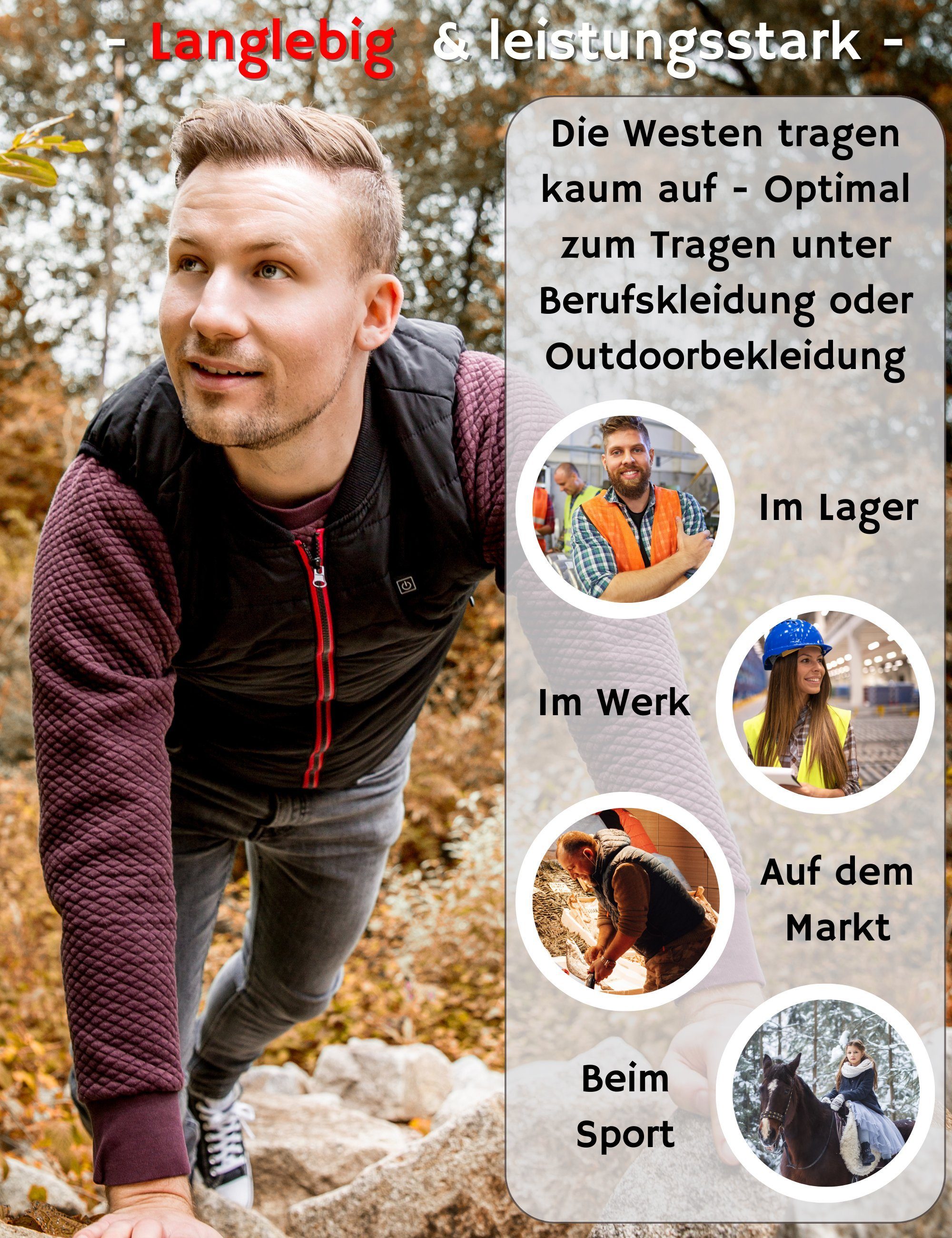 NorthHeat Funktionsweste Premium beheizbare Weste (im praktischen Aufbewahrungstasche, bequeme Passform durch Seitenerweiterung) Seitenerweiterung, 5 Heizzonen, 45 - 55 Grad
