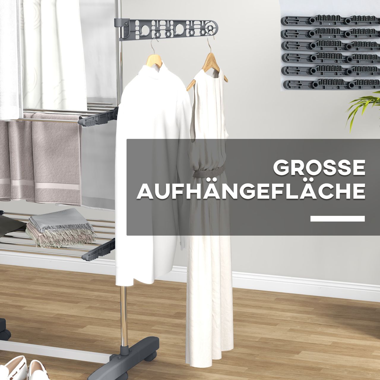 HOMCOM Mobiler Wäscheständer Wäschetrockner-Turm Seitenflügel auf 3/4 Ebenen Grau