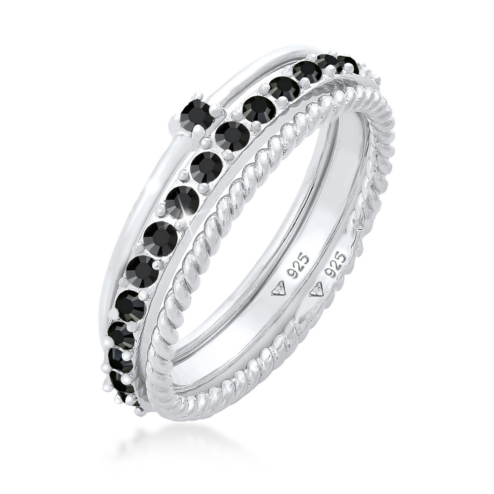 Elli Elli Bague Femmes Pile Set Élégante Solitaire Torsadé Tendance avec Cristaux Noir Bague