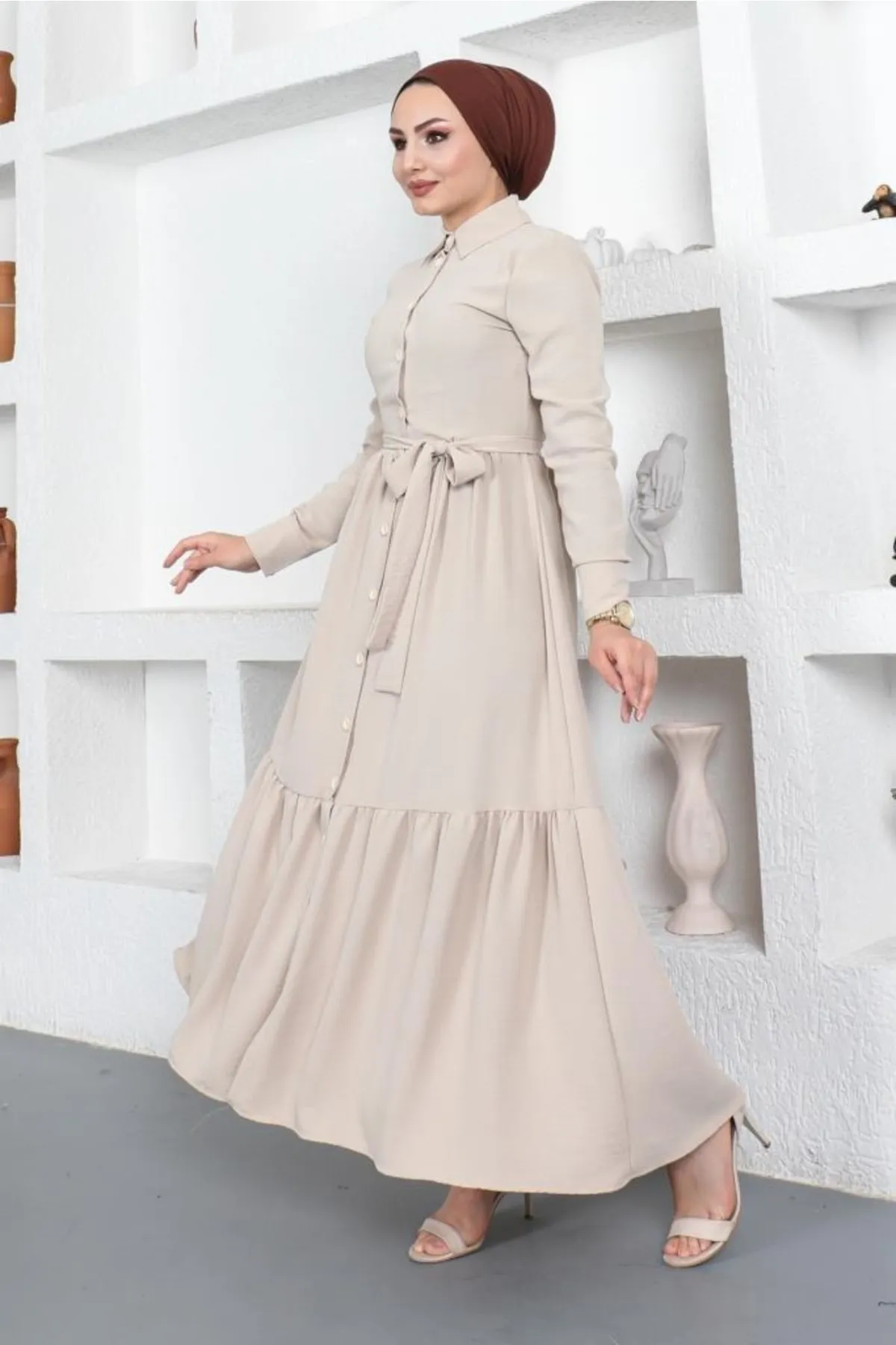 benguen  443 Aerobin Hijab-Kleid mit Hemdkragen, Steinfarbe