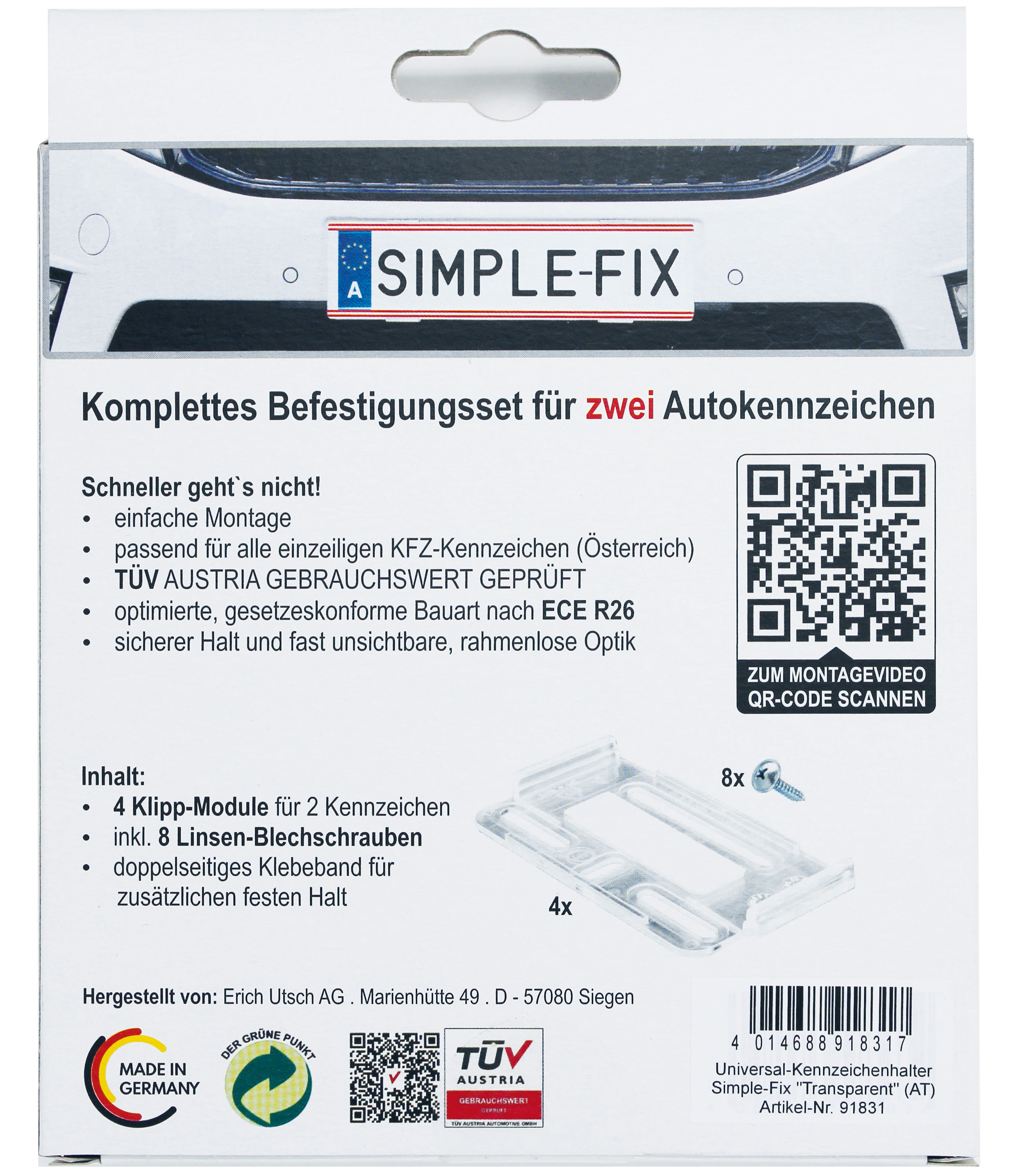 Kennzeichenhalter für österreichische Kennzeichen, 2 Paar, transparent von SimpleFix - ATU