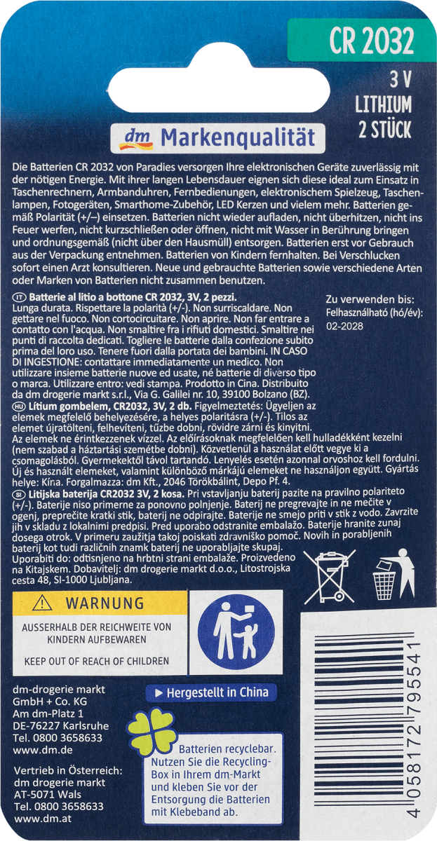 Batterien\tKnopfzelle CR2032, 2 St