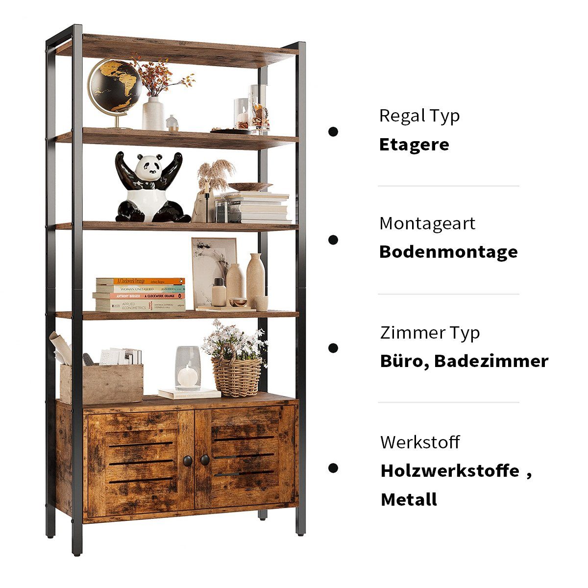 MULISOFT Bücherregal Bücherregal 5 Fächer, Aufbewahrungsregal mit Metallrahmen 75x28x144cm, Standregal Bücherschrank mit Schrank für Wohnzimmer Büro