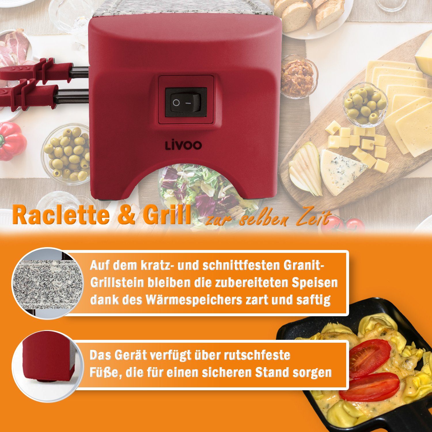 LIVOO Raclette LIVOO Raclette Grill für 2 Personen Granitplatte Raclettegrill, 2 Raclettepfännchen, 350,00 W, 2 Raclettepfännchen, Anti-Rutsch-Füße, Granitplatte, Ein-/ Ausschalter