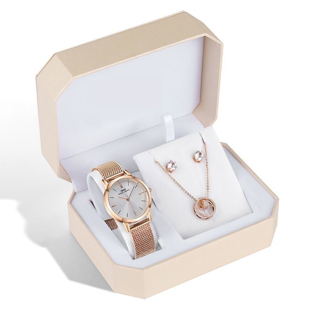 IBETTER Quarzuhr, Damen Quarzuhren, mit Schmuckarmband(Set, 4-tlg), mit Halskette, Ohrstecker & Anhänger Modeschmuck Set