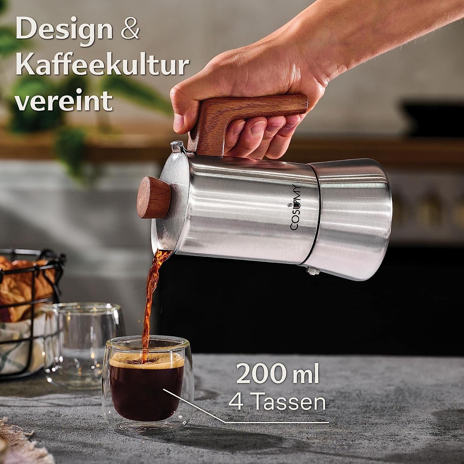 Cosumy Espressokocher Espressokocher 200ml mit Holzgriff, Induktionsgeeignet, FSC-zertifiziertes Eichenholz