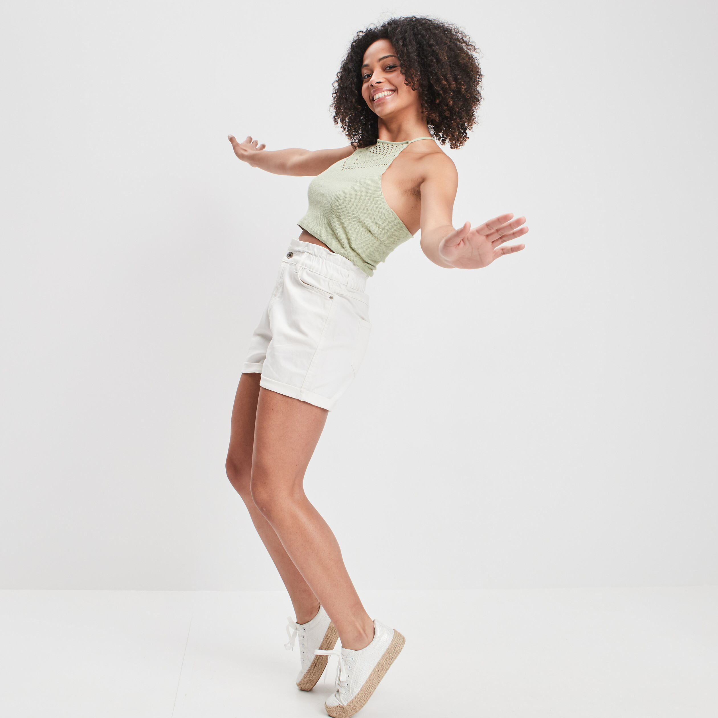 Short droit taille haute élastiquée ivoire femme | La Halle