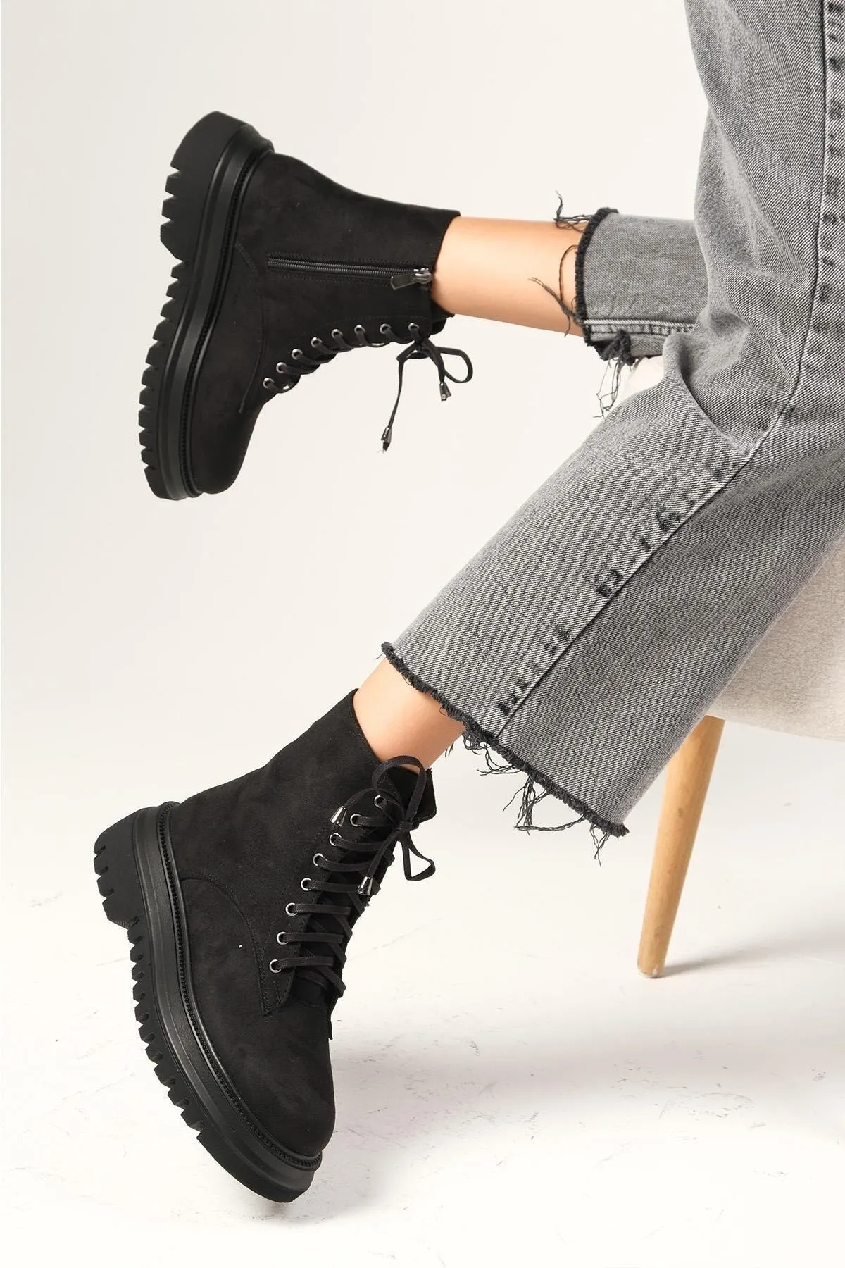 Mio Gusto  Alex Schwarze Wildleder-Damenstiefel zum Schnüren und Reißverschluss mit dicken Sohlen