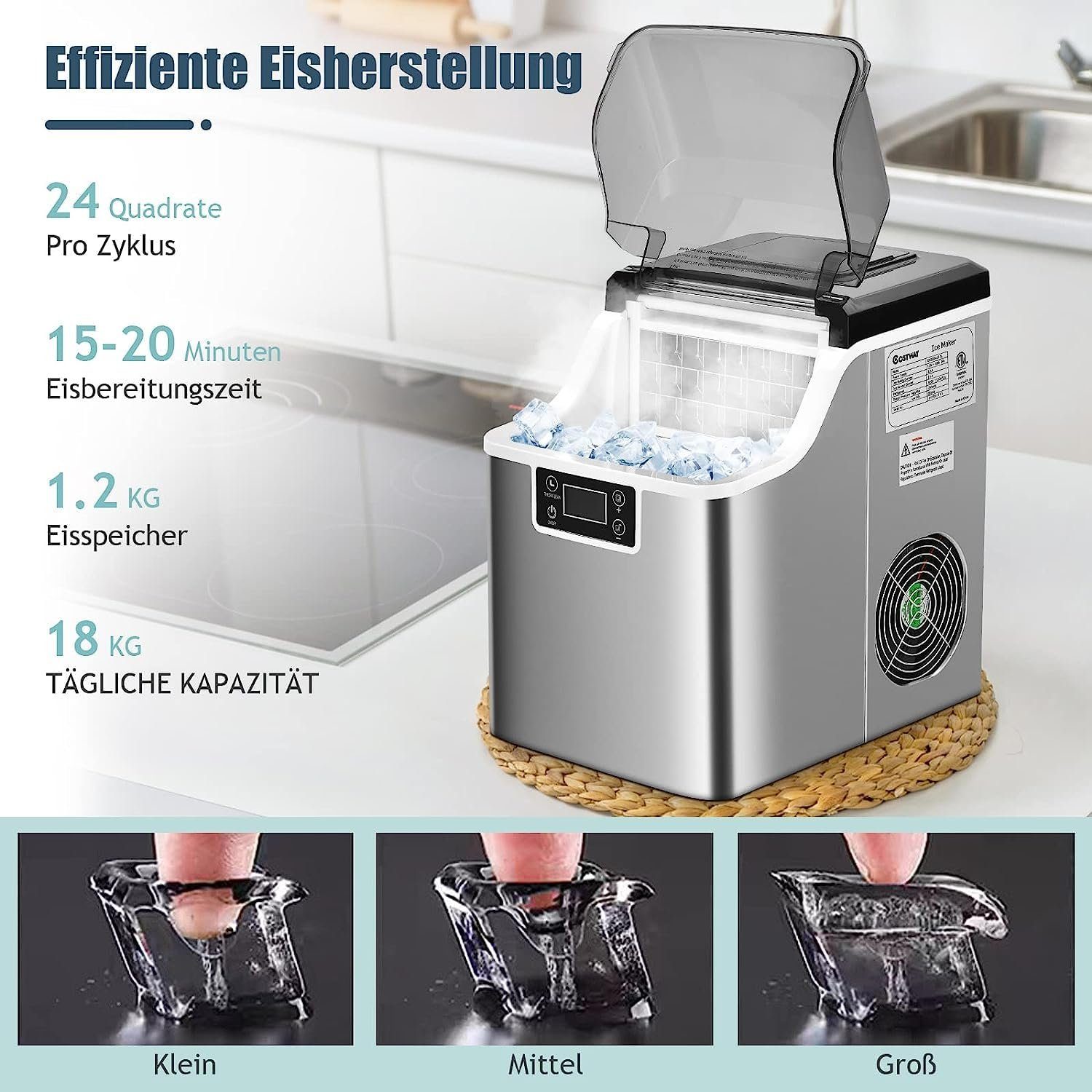 KOMFOTTEU Eiswürfelmaschine, 18 kg/24 Std., mit 3,2 L Wassertank & 1,2 kg Eiskorb