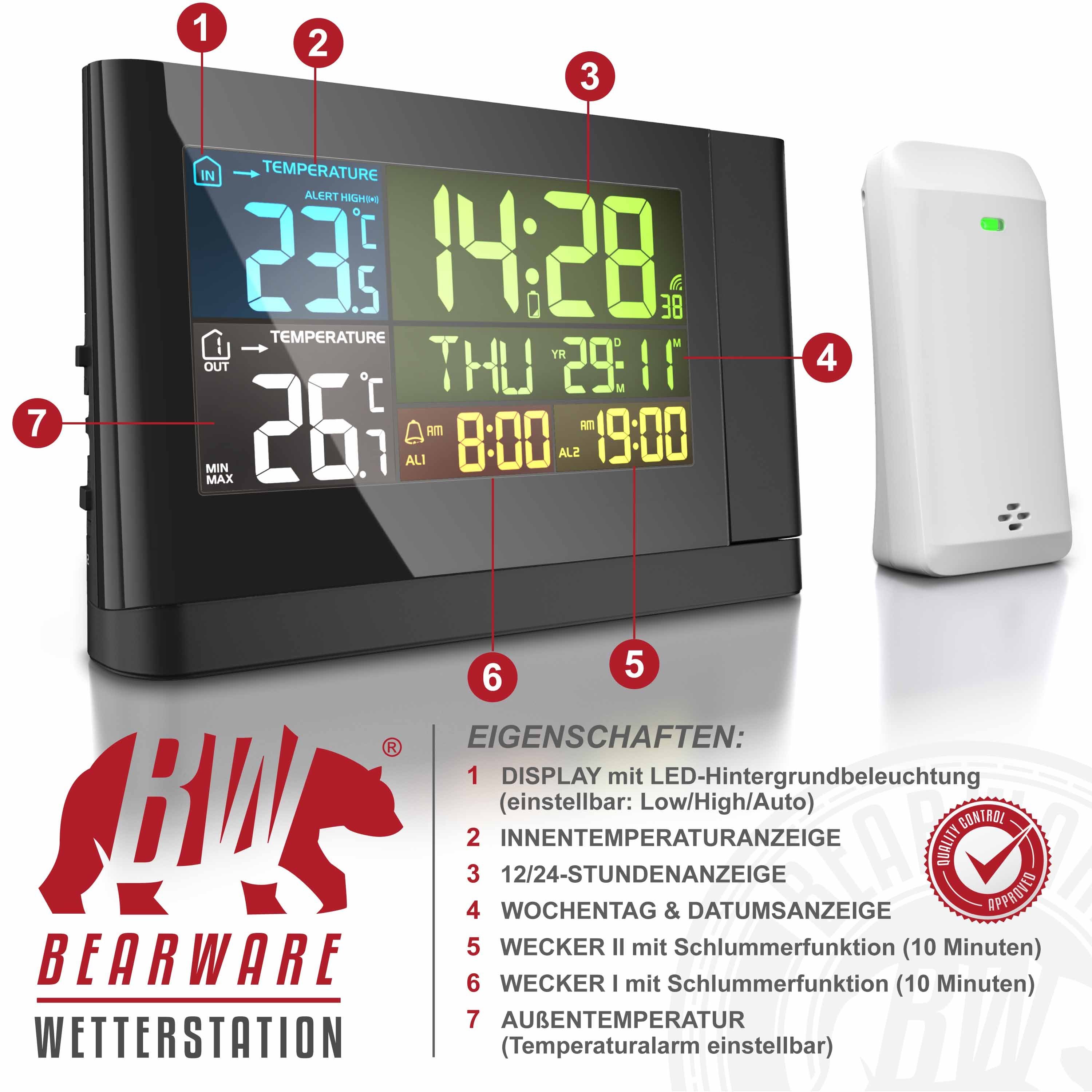 BEARWARE Wetterstation (mit Außensensor, Funkwetterstation mit Projektion (um 180° drehbar) & Farbdisplay)