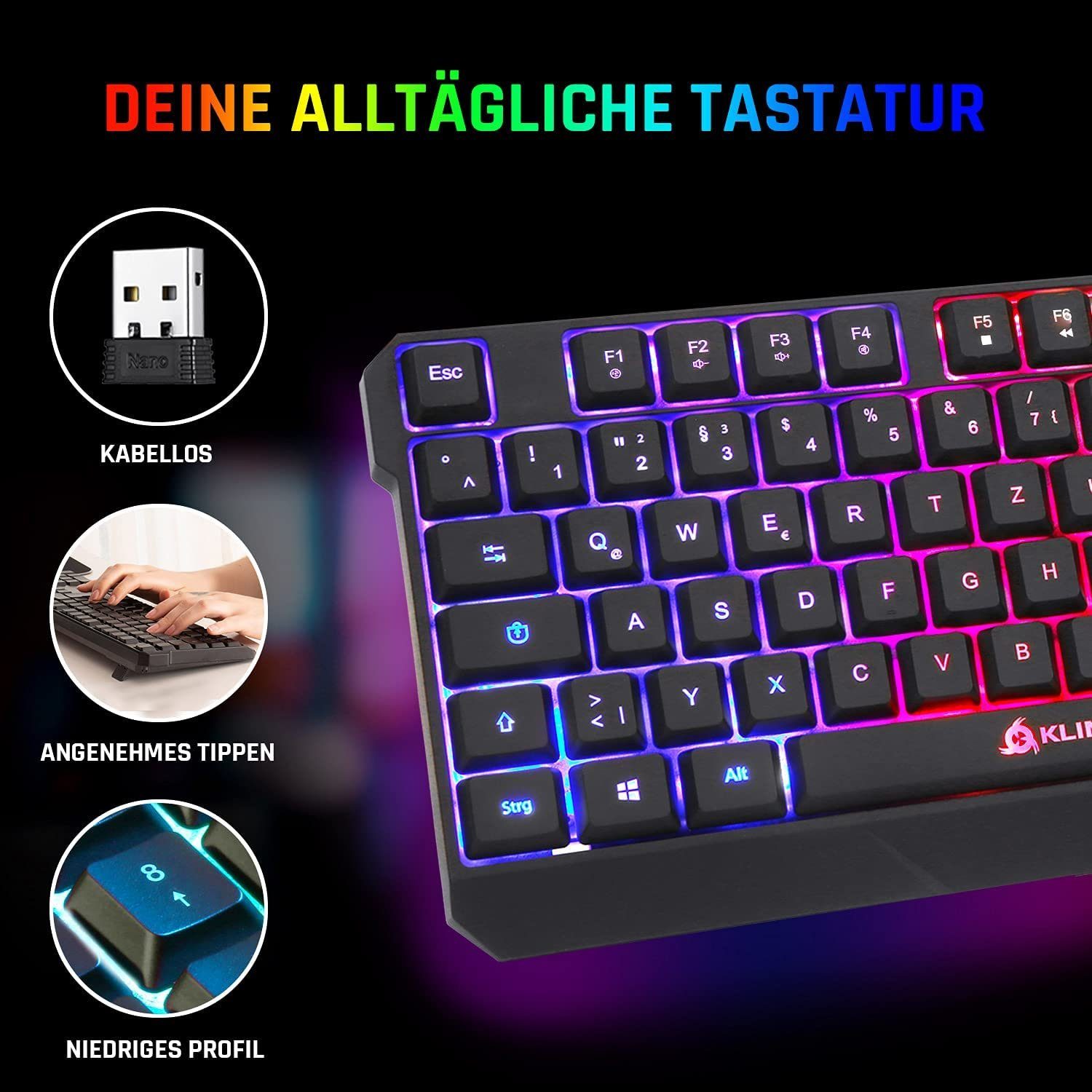 KLIM Chroma wireless Gaming, hintergrundbeleuchtete Tasten, Anti Ghosting Gaming-Tastatur (ergonomisches, wasserfestes und langlebiges Gaming Keyboard, Deutsche Tastenbelegung)