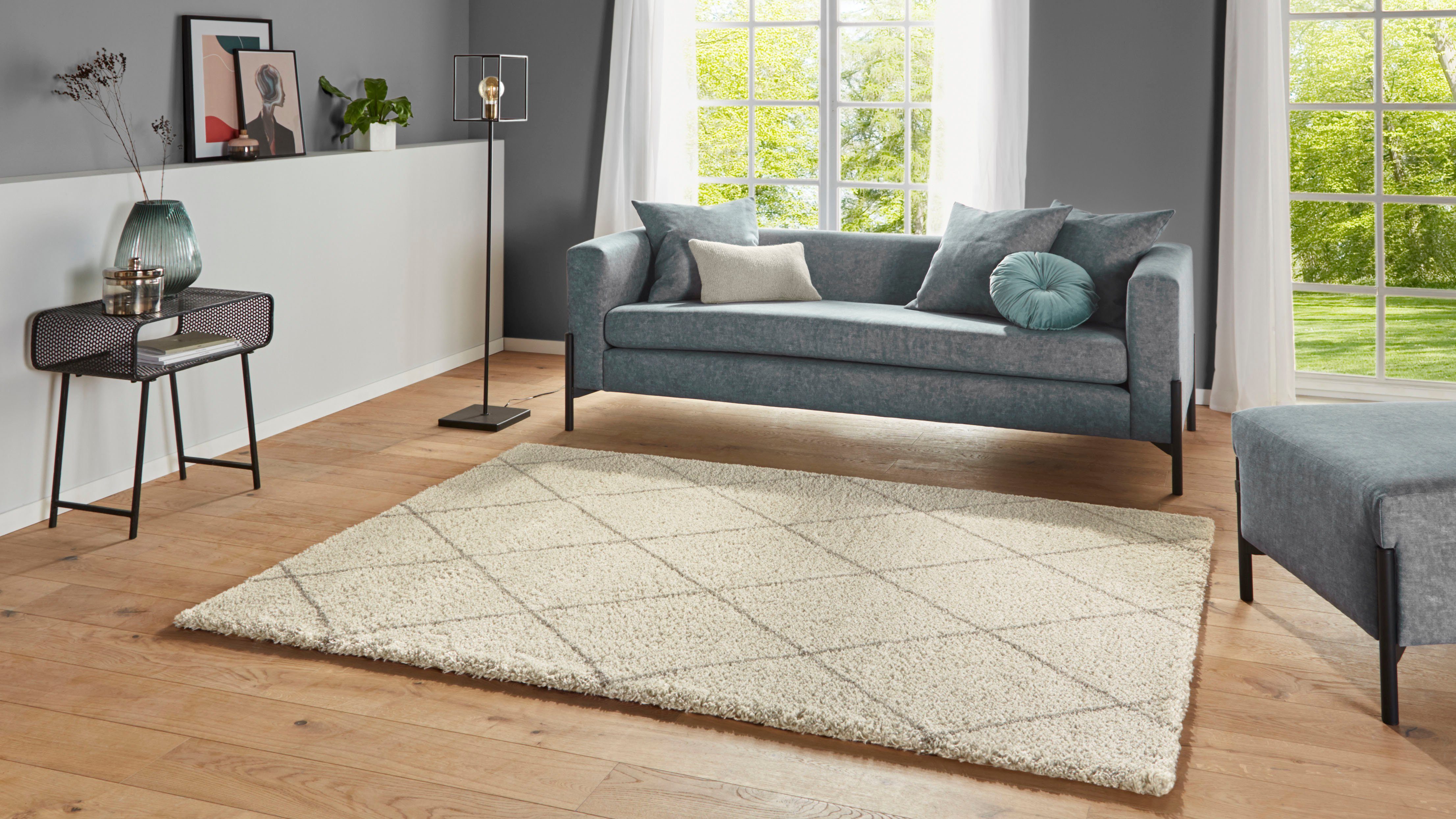 Hochflor-Teppich Belle, Leonique, rechteckig, Höhe: 35 mm, Rauten-Design, weiche Haptik