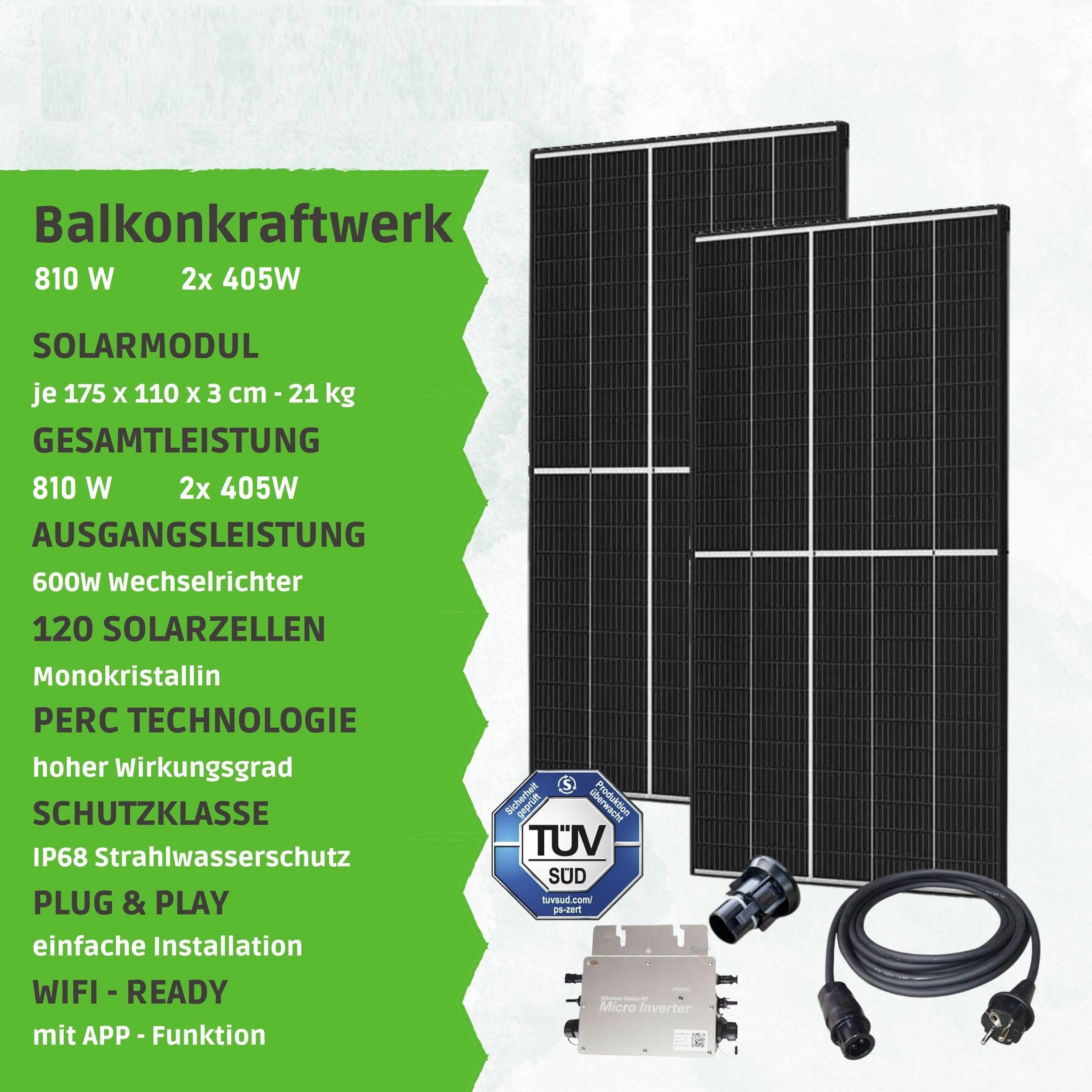 JUNG Solaranlage Balkonkraftwerk 600W Photovoltaikanlage Mini-PV Anlage, 600,00 W, Monokristallin, (Solarpanel, Solaranlage Balkon, Stromerzeuger Solar, Energiestation, KOMPLETT-SET 2 Solarmodule, 1 Mikro-Wechselrichter, 1 Schuko-Kabel 1,2), Photovol