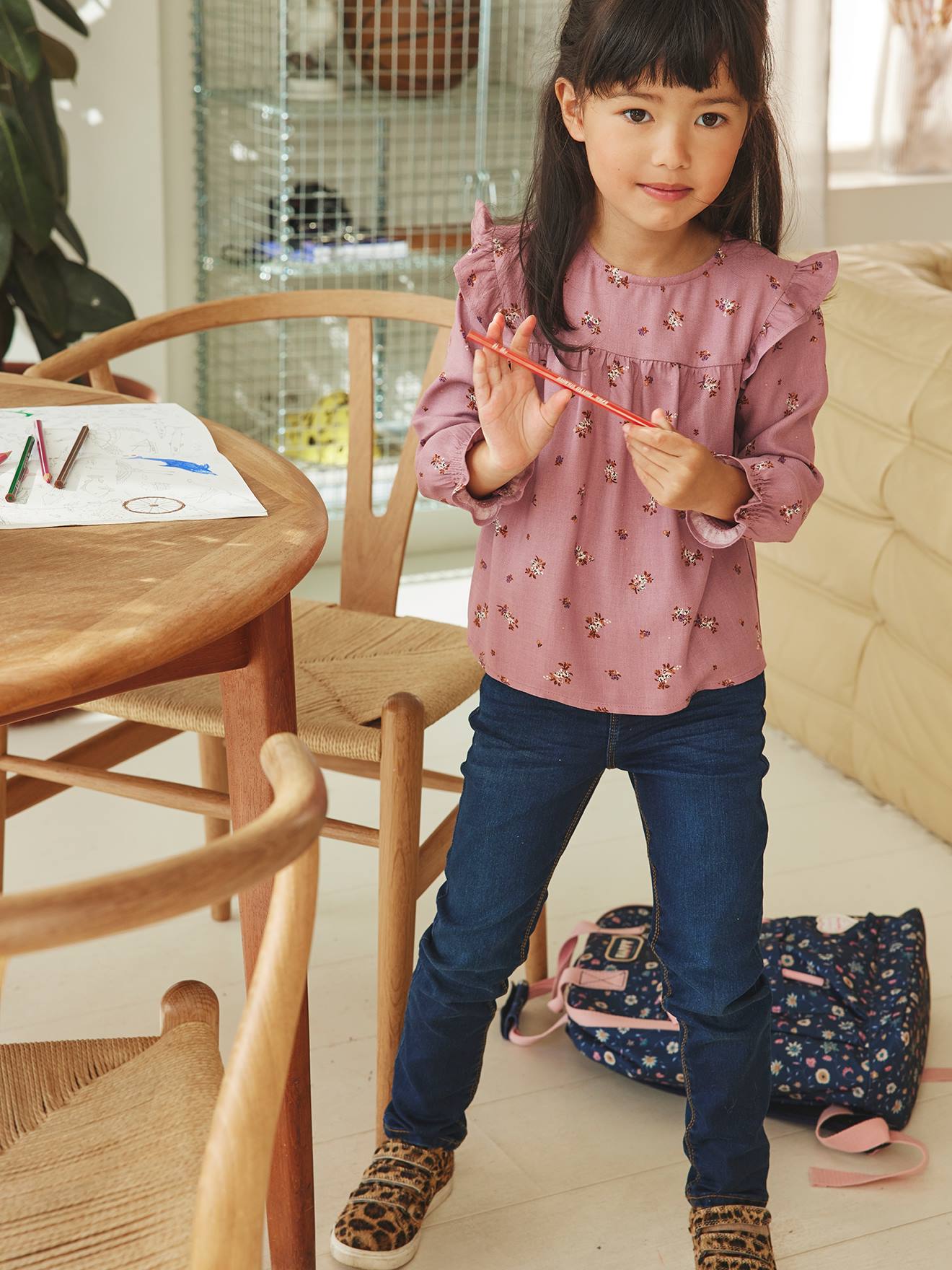 Blouse fleurie fille manches volantées bleu grisé