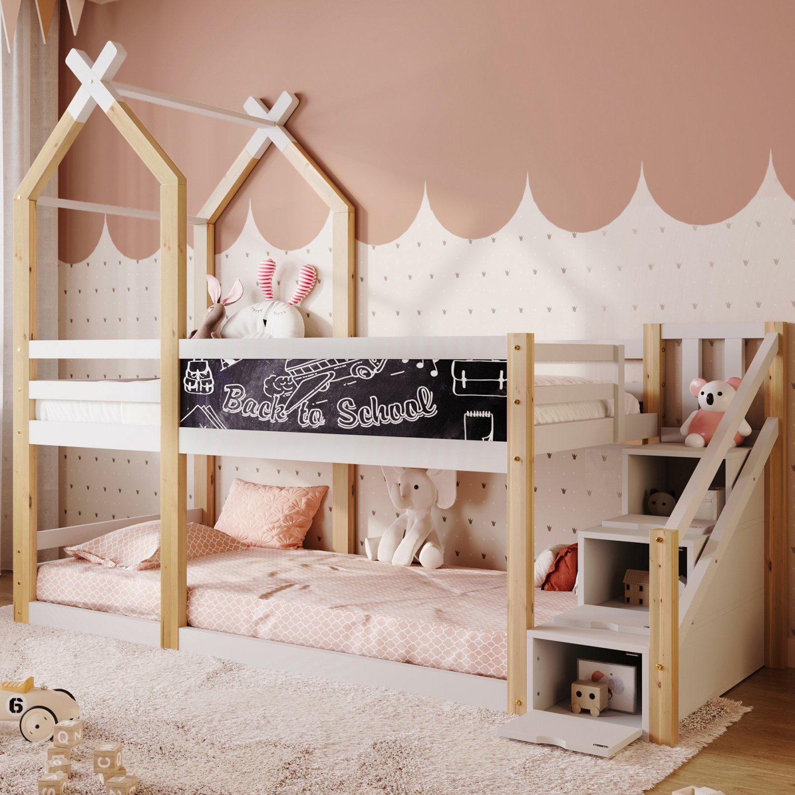 FUROKOY Holzbett Baumhaus Tafel Bett mit Speicherung und Rausfallschutz mit Wandtafel, , Etagenbett Hochbett 90 x 200 cm Natur & Weiß
