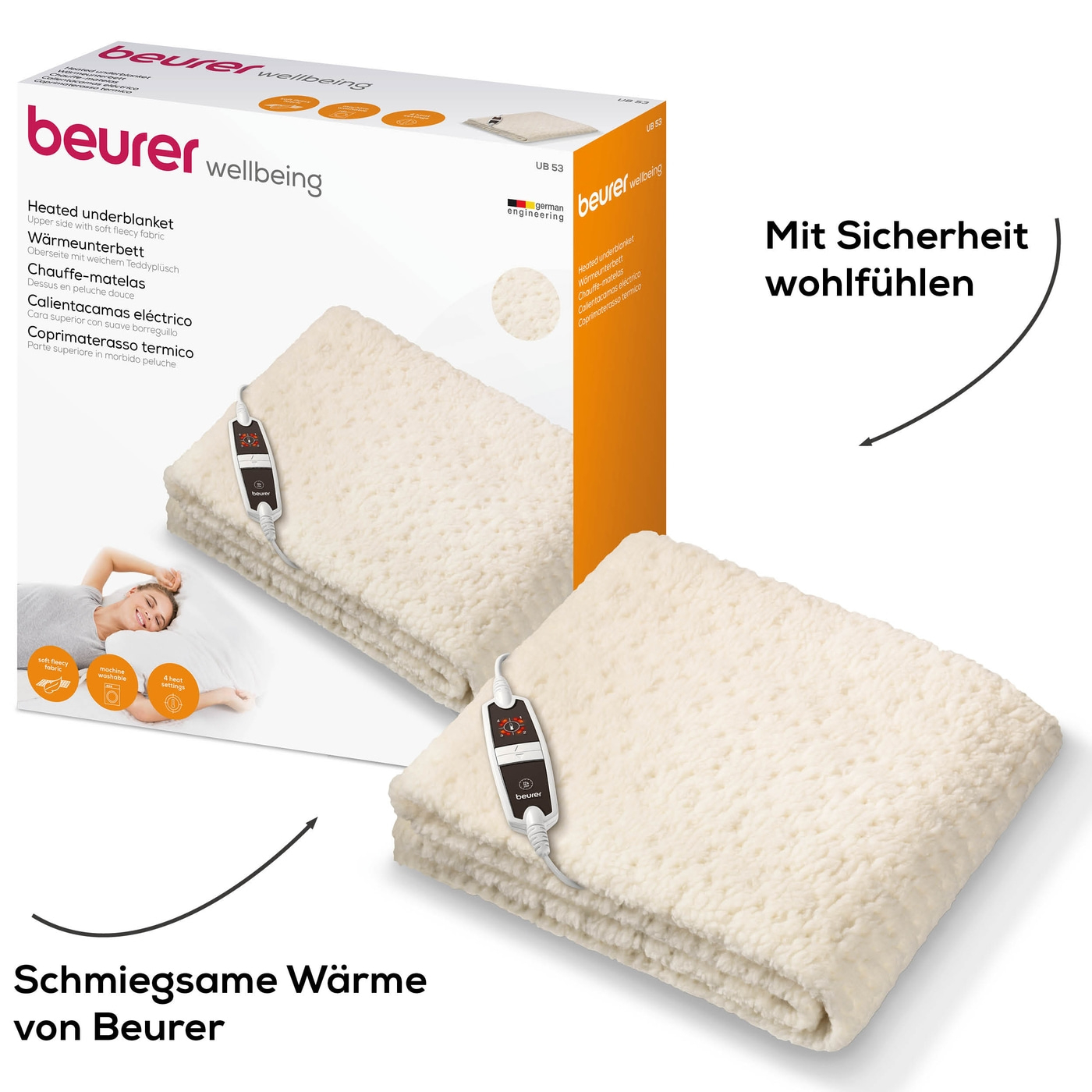 Beurer Wärmeunterbett UB 53 Teddy Single-Extra kuscheliges Wärmeunterbett mit 4 Temperaturstufen & Rückschaltautomatik - 150 x 80 cm