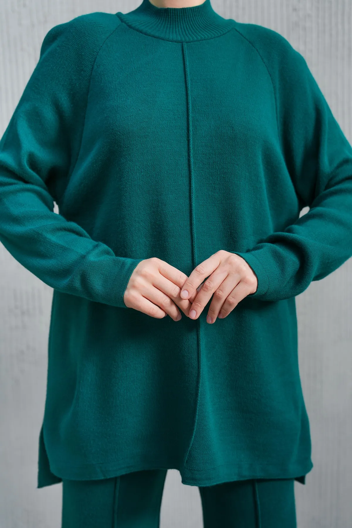 bayansepeti  Flexibler Strickstoff, Stehkragen, Langarm-Oberteil und geschlitzte Beinhose, grünes Hijab-Unterteil-Oberteil-Set 1070