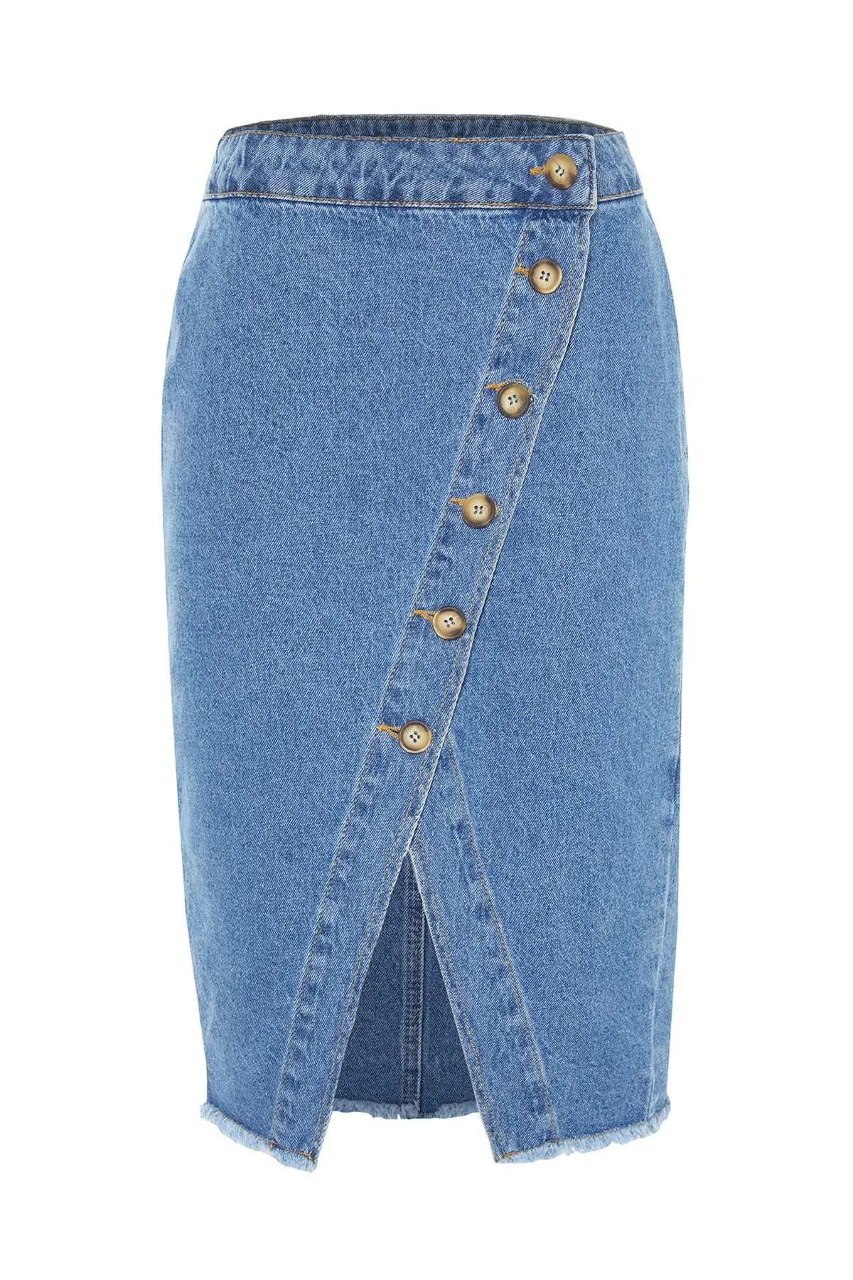 Trendyol Collection  Blauer Midi-Jeansrock mit Schlitz und Knopfdetail TWOSS20ET0494