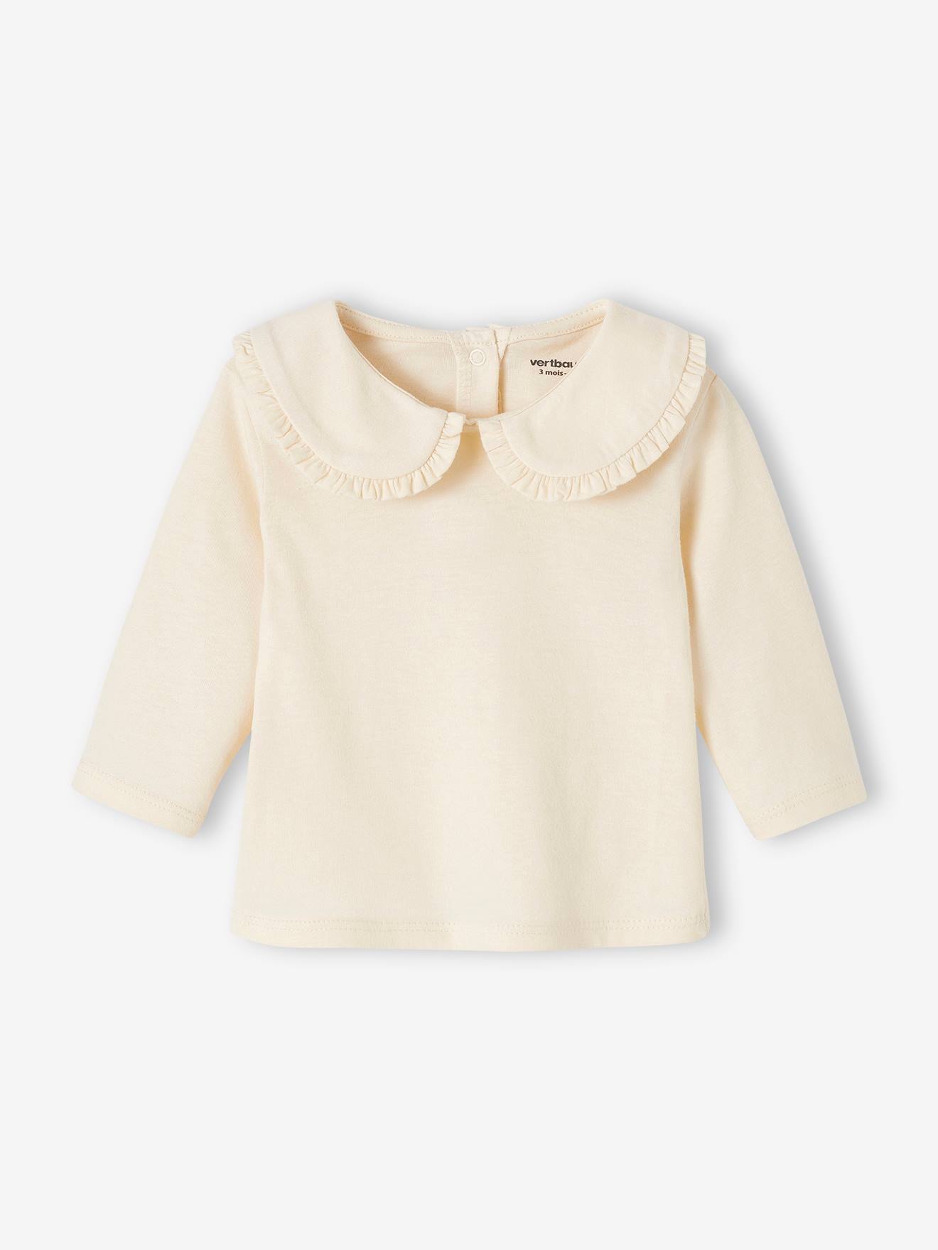Vertbaudet Mädchen Baby Shirt, Bubikragen mit Rüschen Oeko-Tex, personalisierbar - hellbeige