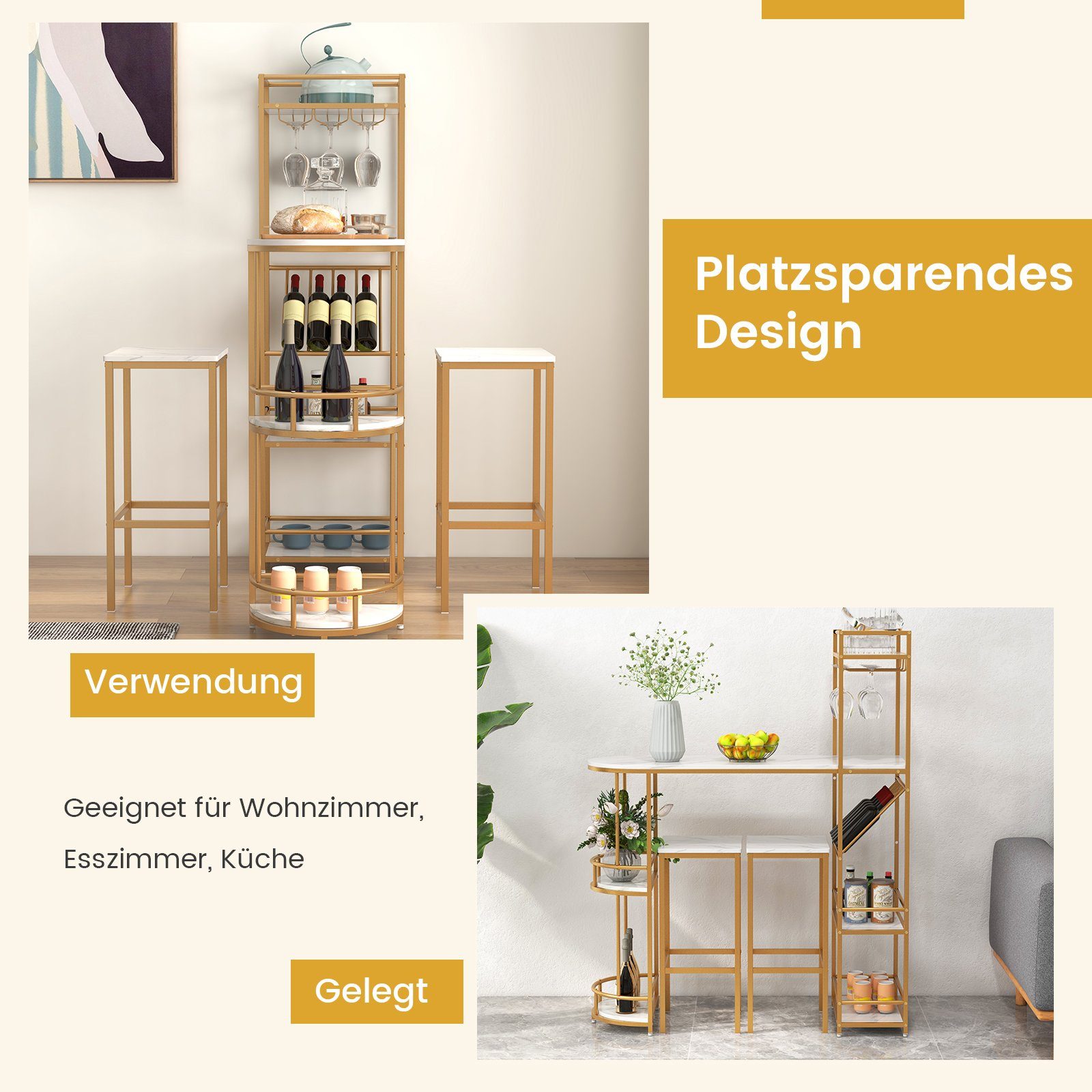 COSTWAY Bartisch, mit Hocker 2er Set, Mamor, mit Ablage, Glashalter&Weinregal