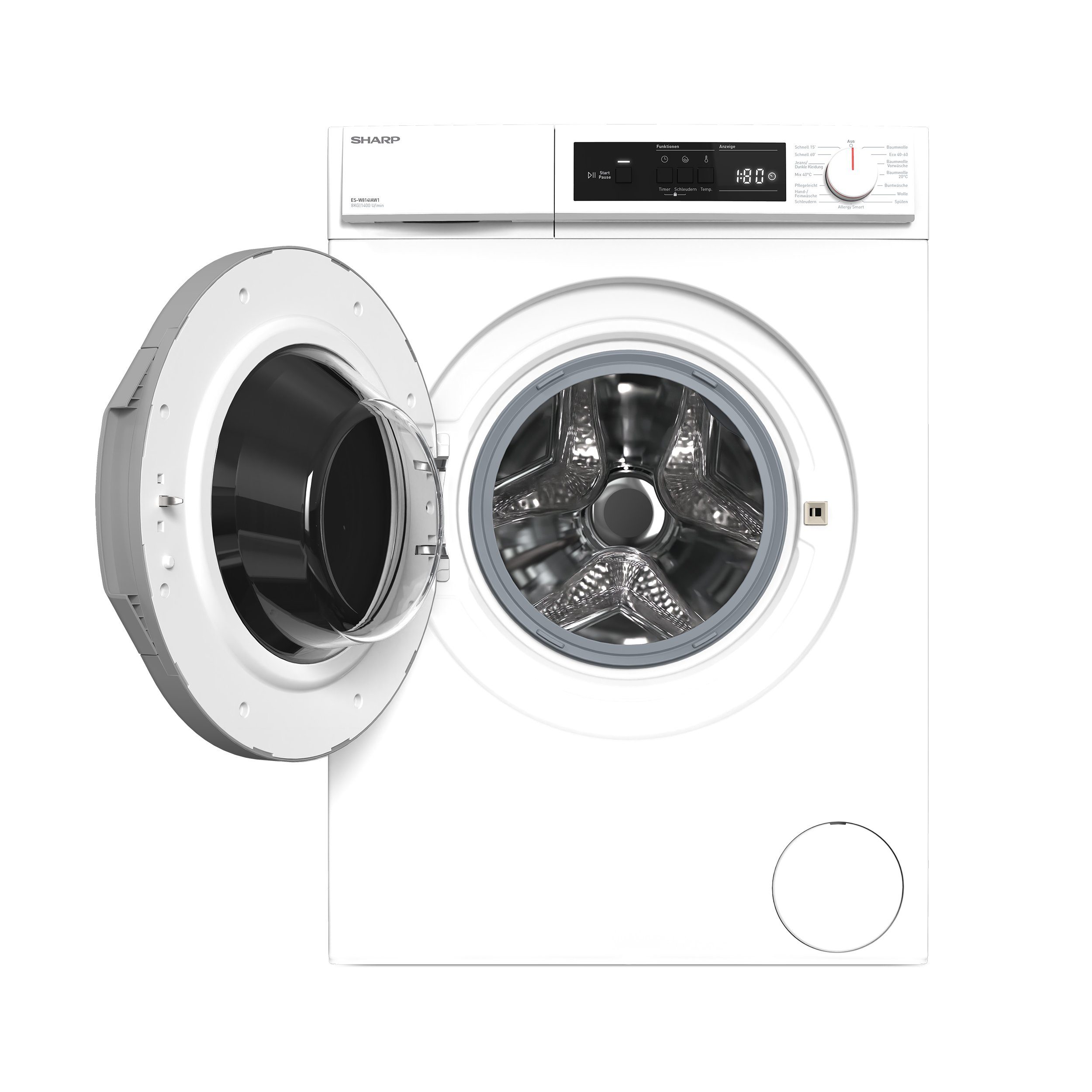 Sharp Waschmaschine ES-W814IAW1-DE, 8 kg, 1400 U/min, Inverter Motor, AquaStop, Überlaufschutz, LED-Diplay, 15 Programme