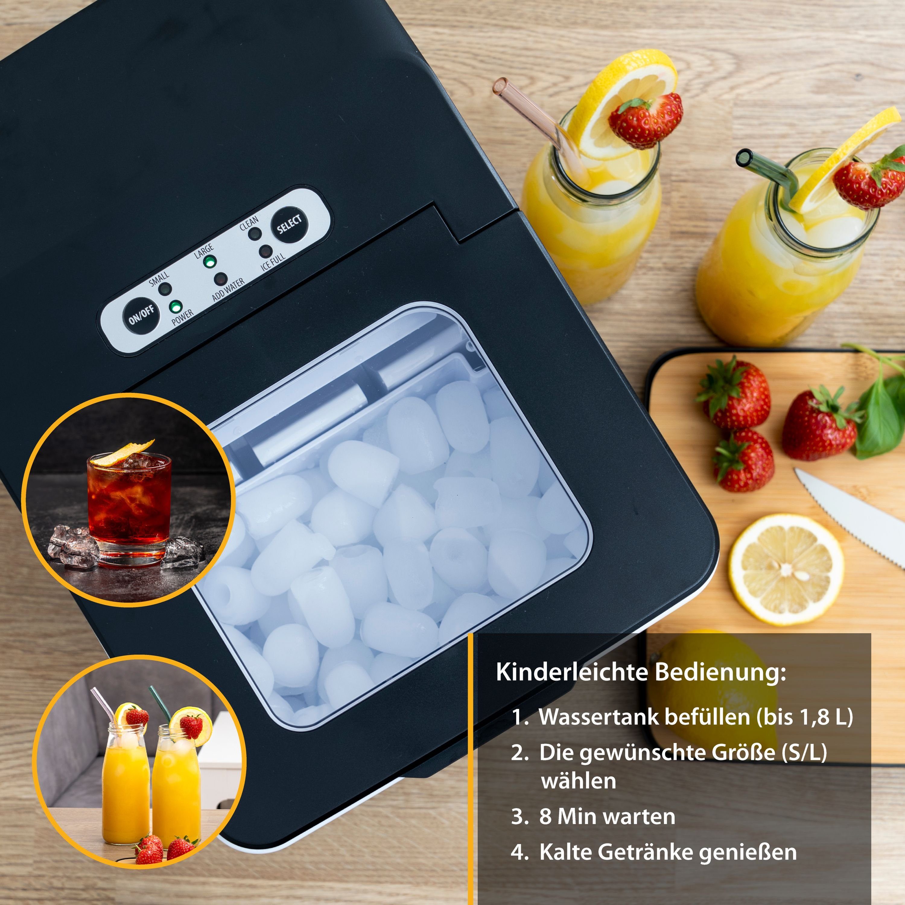 TZS FIRST AUSTRIA Eiswürfelmaschine Eiswürfelmaschine, Edelstahl Ice Cube Maker, 9 Würfel in 7-9 Minuten, Würfel S/L, 12kg 24 Std, Eiswürfelbereiter 1,8 L, 150W, LED Display