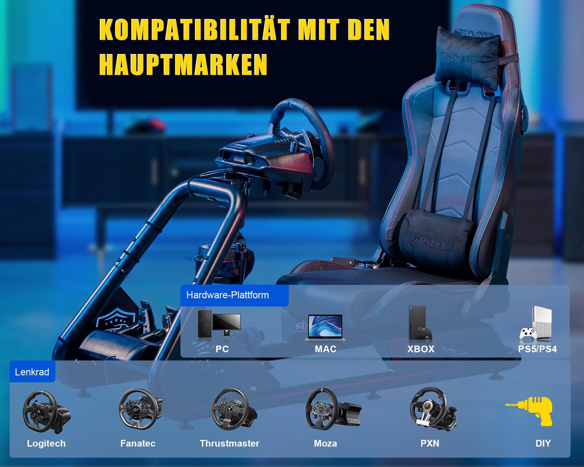 GTPLAYER Gaming-Stuhl Gamer Stuhl Simulator Cockpit, sim racing cockpit racing wheel stand, mit Bluetooth-Lautsprecher und allem auf den Bildern gezeigten Zubehör