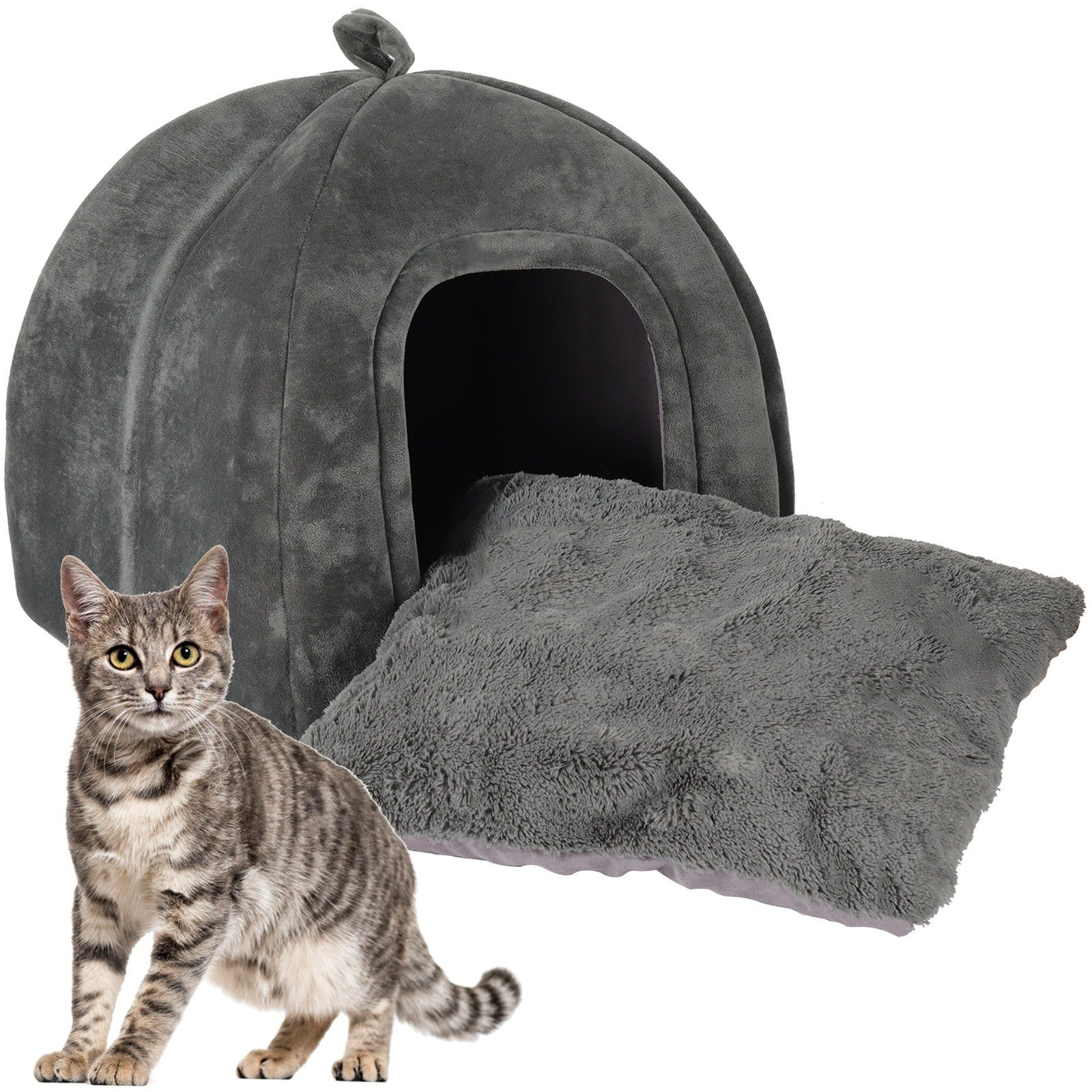 radelldar Tierbett Katzenhöhle Katzenbett große Katzen flauschig waschbar 42x42x45cm, Samt, Katzenhaus klappbar mit Kissen