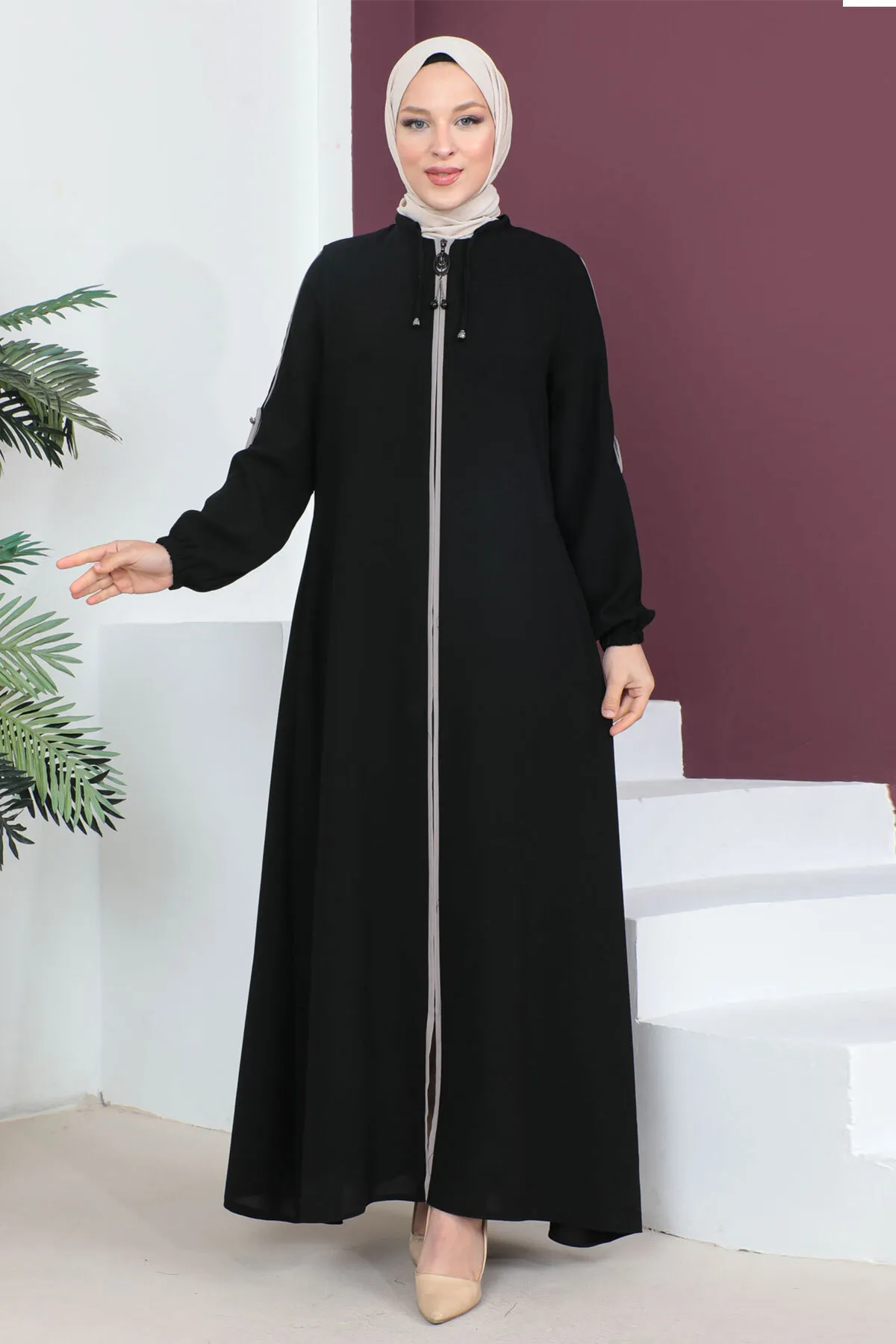 Tesettür Dünyası  Geknöpfte Ärmel Hijab Abaya Tsd230440 Schwarz