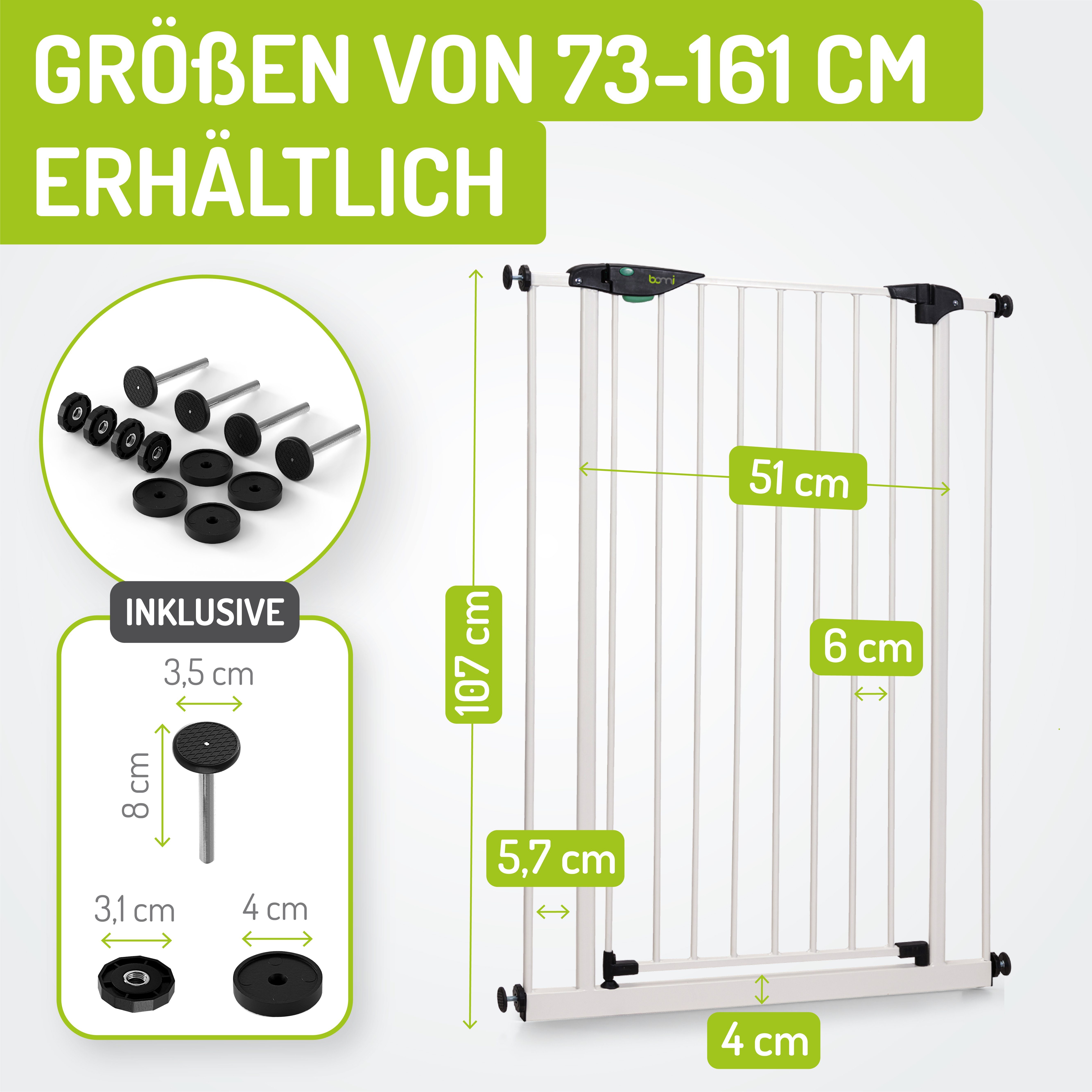 BOMI Türschutzgitter Kinderschutzgitter Extra Hoch Mira 73-161 cm ohne Bohren, Babygitter zum Klemmen - 90 Grad Feststellfunktion der Tür