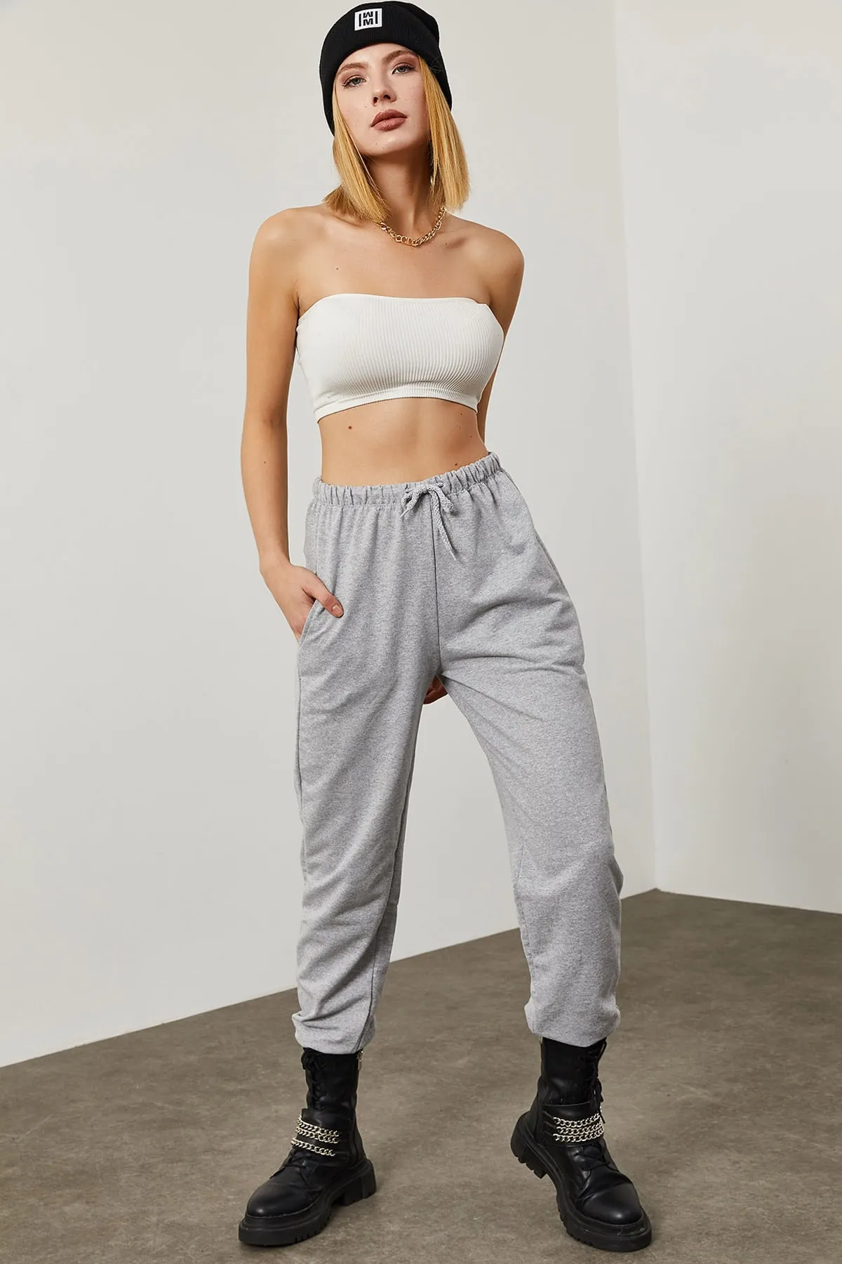 XHAN  Graue Damen-Jogginghose mit Schnürung 0YZK8-10365