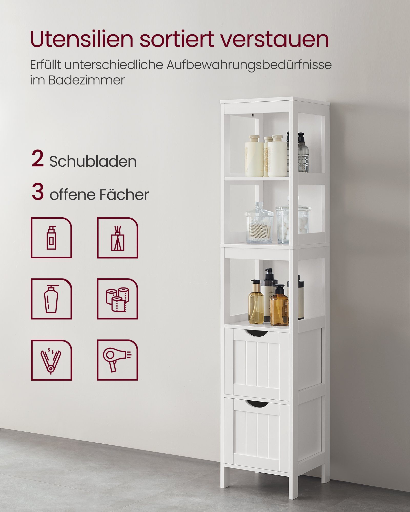 VASAGLE Badkommode Badezimmerschrank, 2 Schubladen, 3 offene Fächer