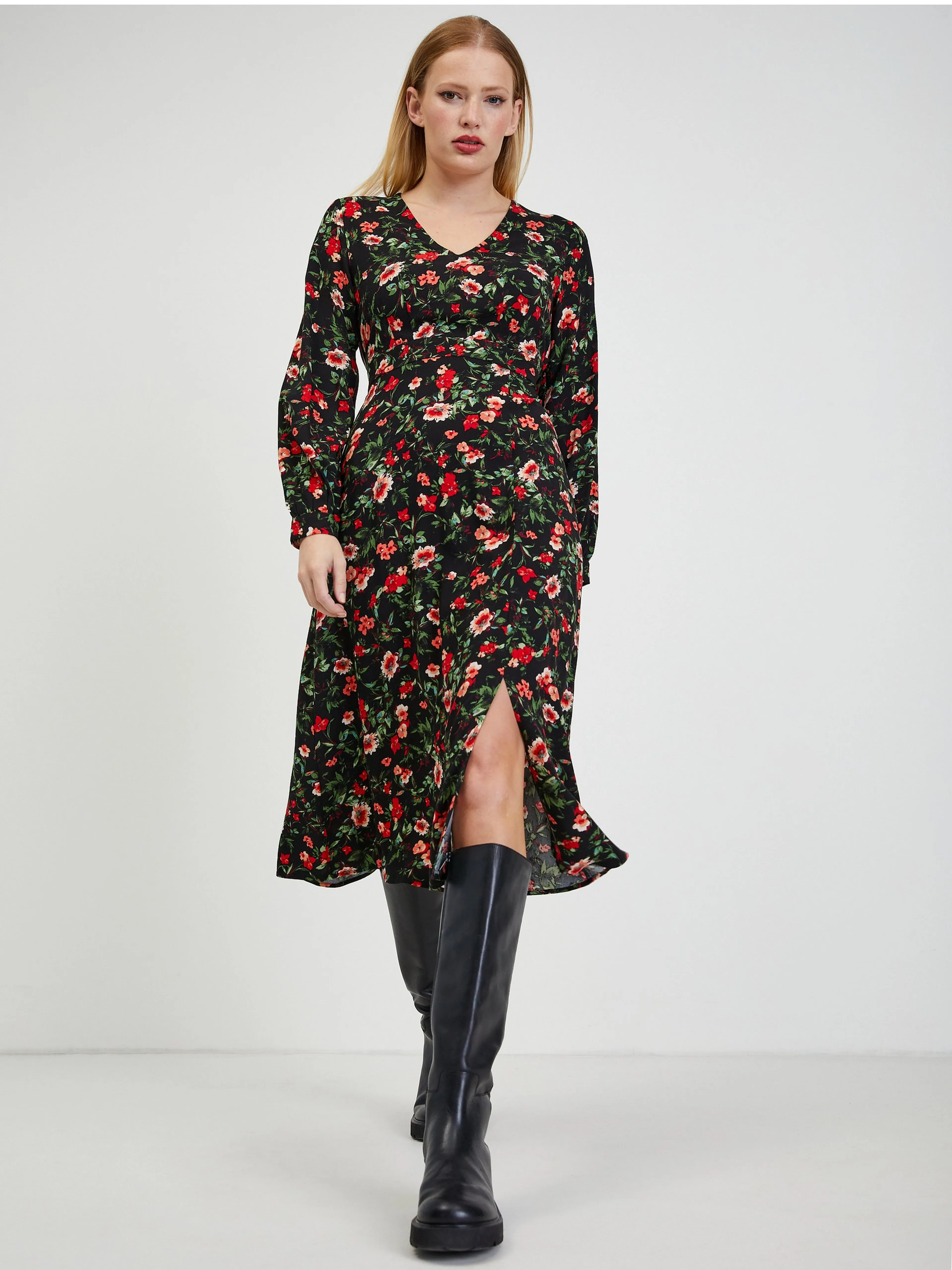 Rotes und schwarzes geblümtes Damenkleid ORSAY