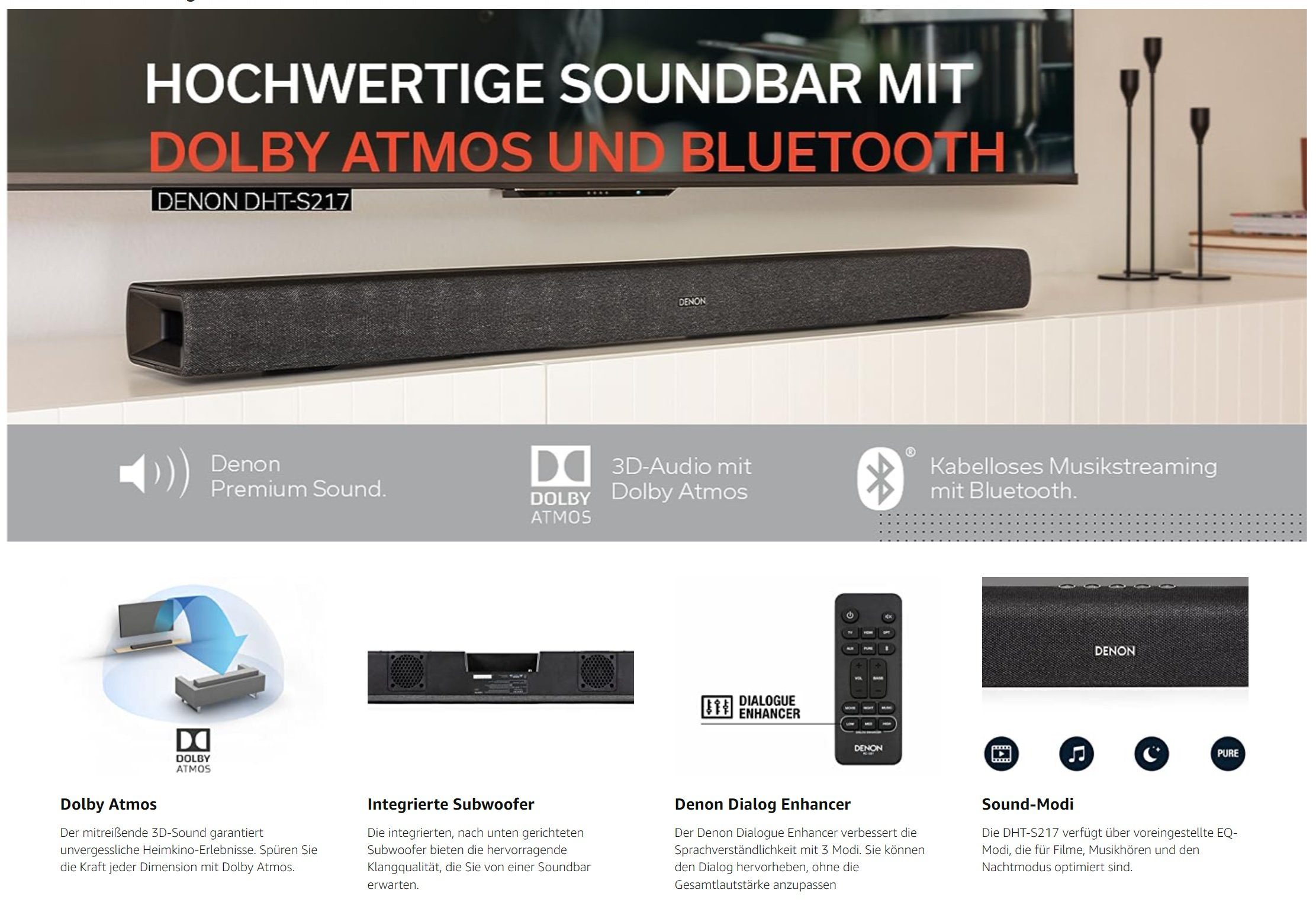 Denon DHT 2.1 TV Soundbar mit Subwoofer, Bluetooth, HMDI ARC, Dolby Atmos Stereo 2.1 Soundsystem (Bluetooth, Surround System, Heimkino, Lautsprecher, Heimkinosystem, Dolby)