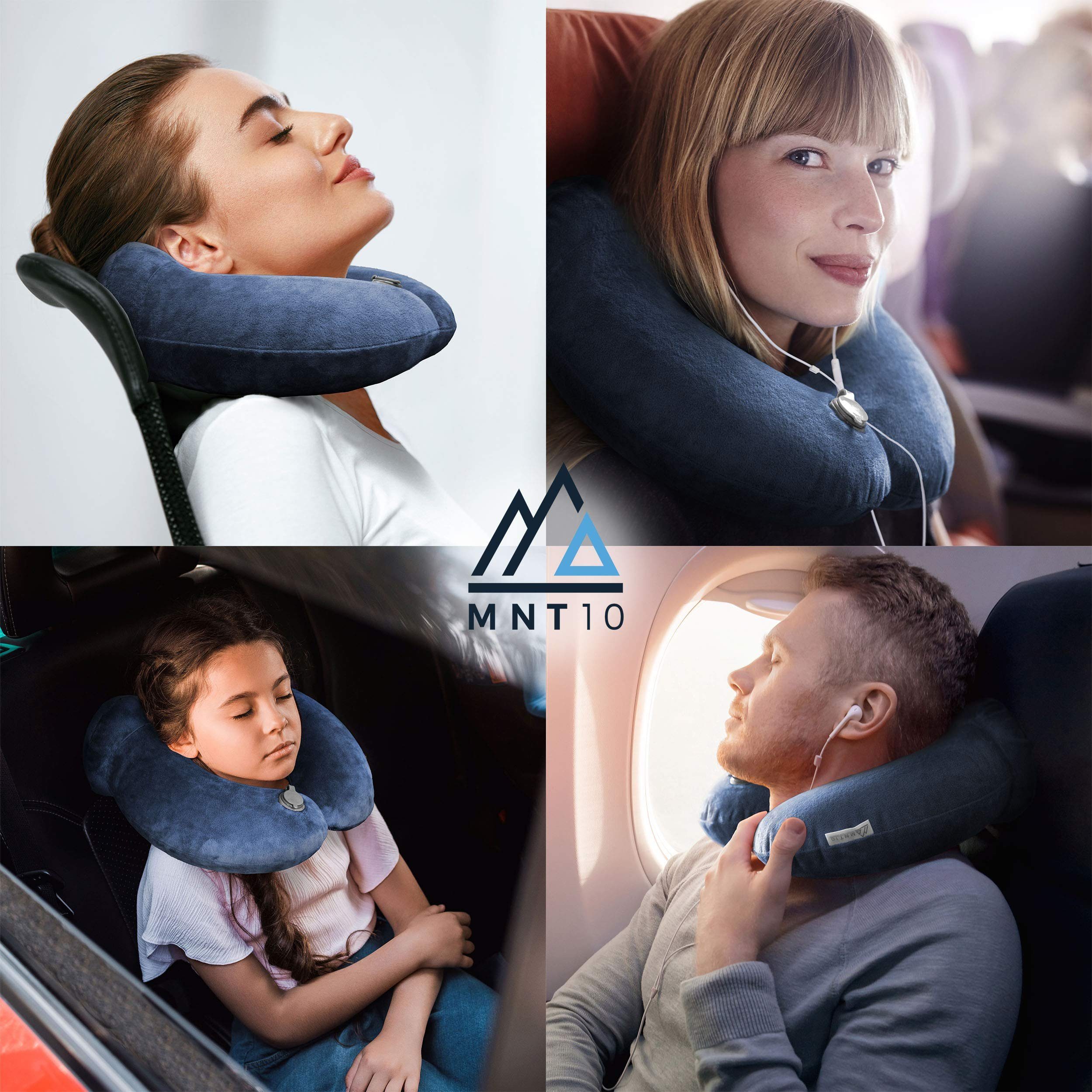 Nackenstützkissen Reisekissen aufblasbar mit Schlafmaske, Ohrstöpsel & Transporttasche, MNT10, Aufblasbares Nackenkissen mit samt-weichem Bezug