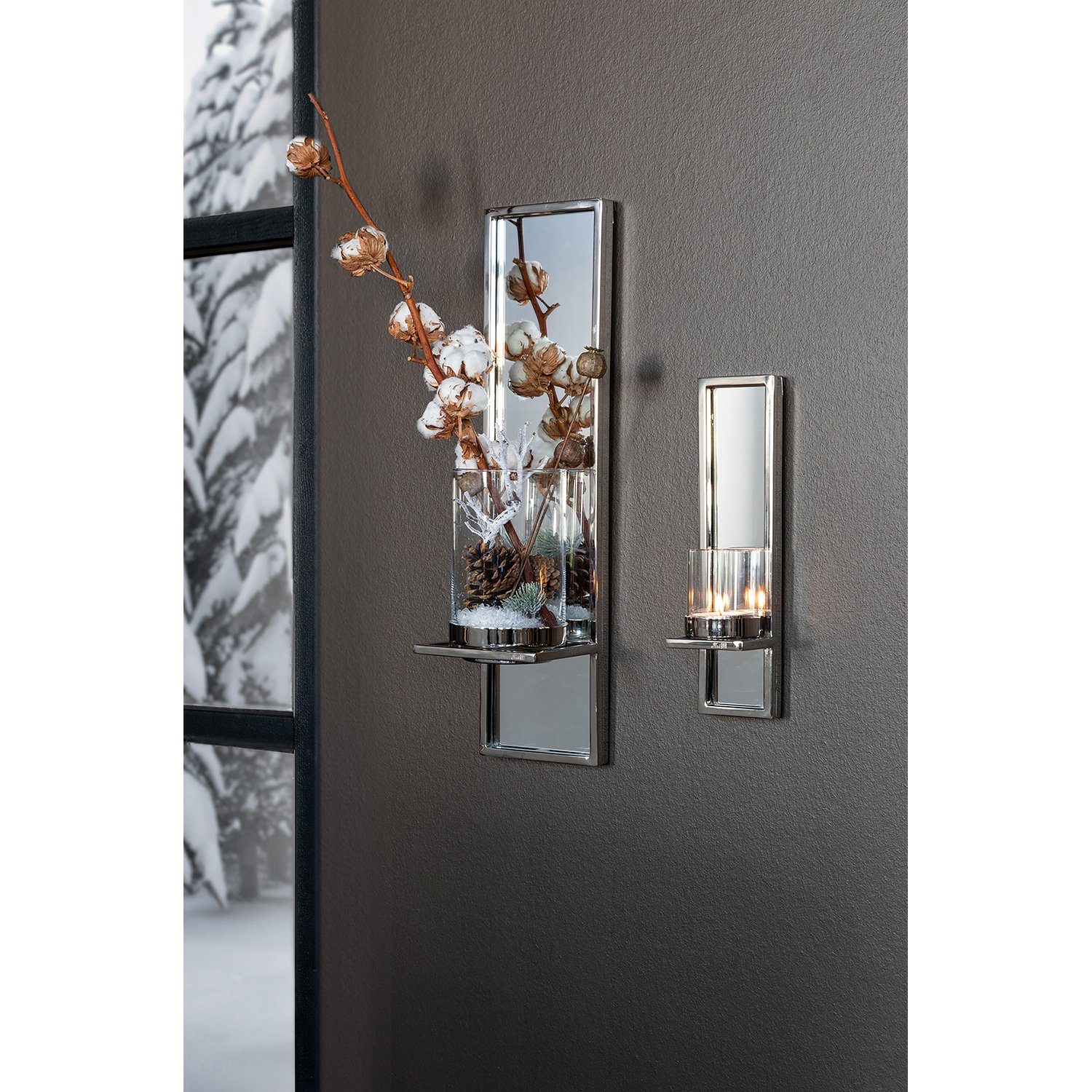 Fink Wandkerzenhalter Wandleuchter GAMA - silberfarben - Edelstahl/Glas - H.60cm x B.15cm, vernickelt - mit Platte aus MDF - nicht outdoorgeeignet