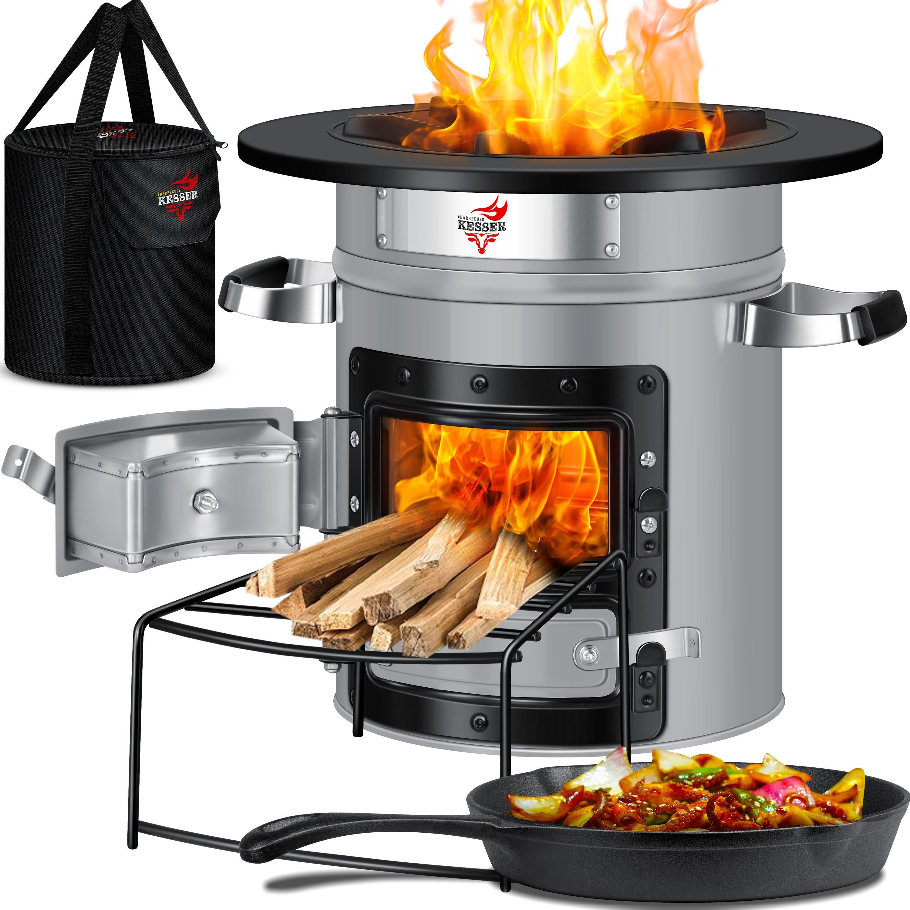 KESSER Feuerstelle, Raketenofen Inkl. Grillpfanne aus Gusseisen mit Tragetasche